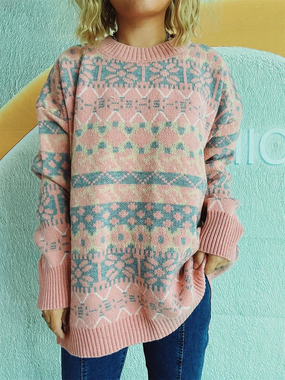 Geometric Pattern Dropped Shoulder Sweater - Southern Shores Clothing