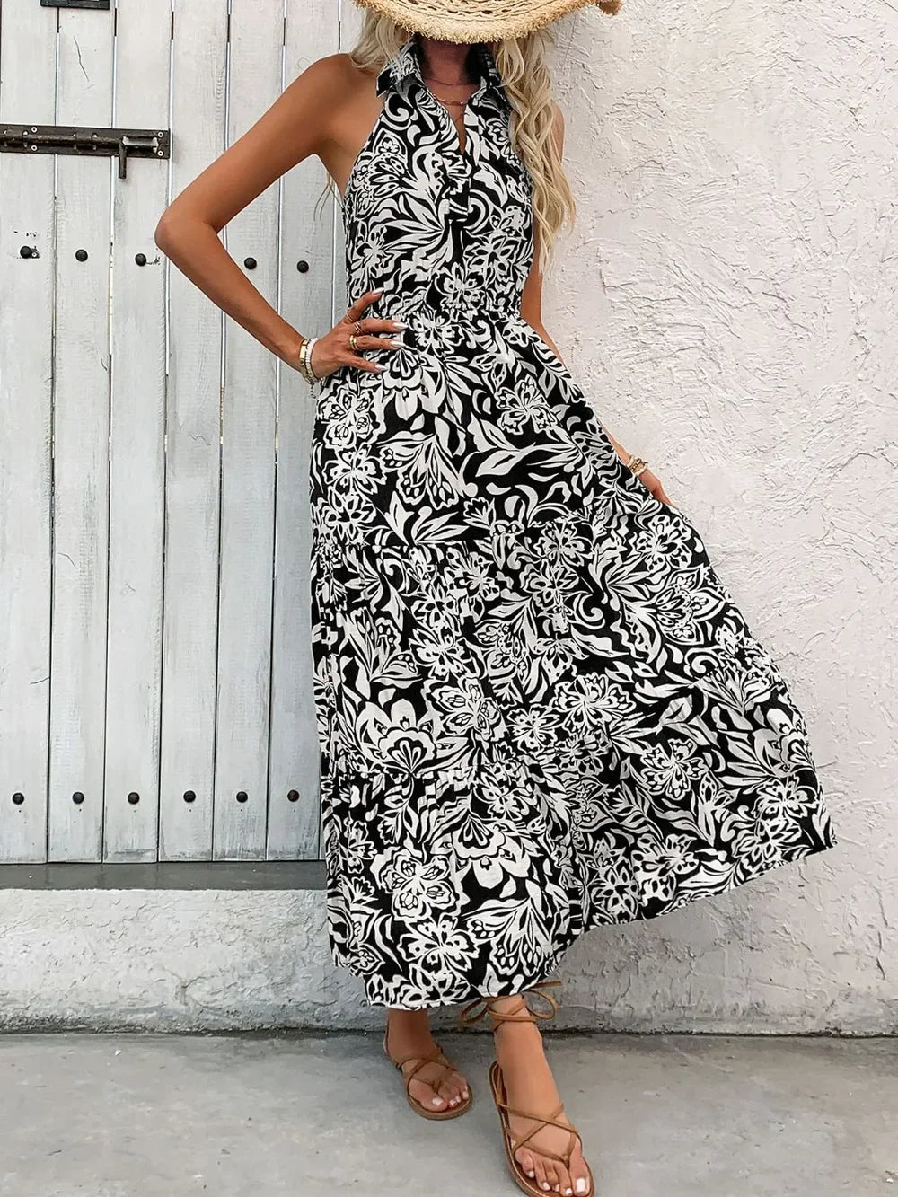 Halter Neck Backless Smocked Printed Sleeveless Midi Dress - Southern Shores Clothing