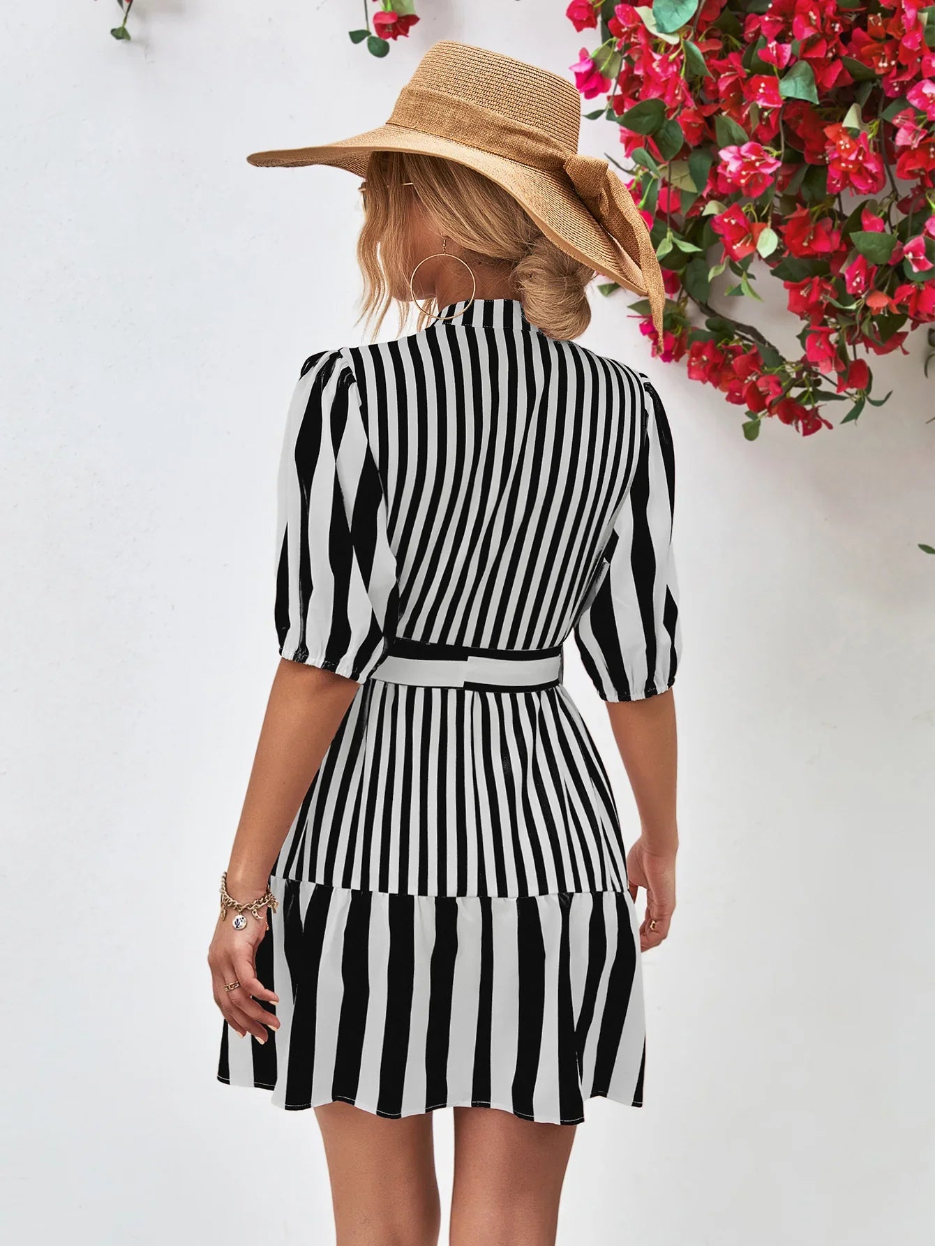 Striped Half Sleeve Tie Waist Mini Dress - Southern Shores Clothing