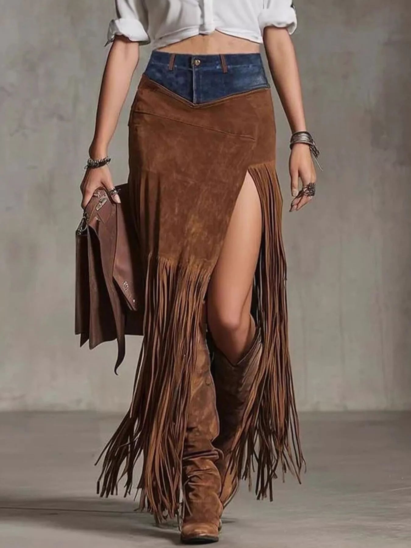 Savannah Inspired Denim Patchwork Fringe Maxi Skirt