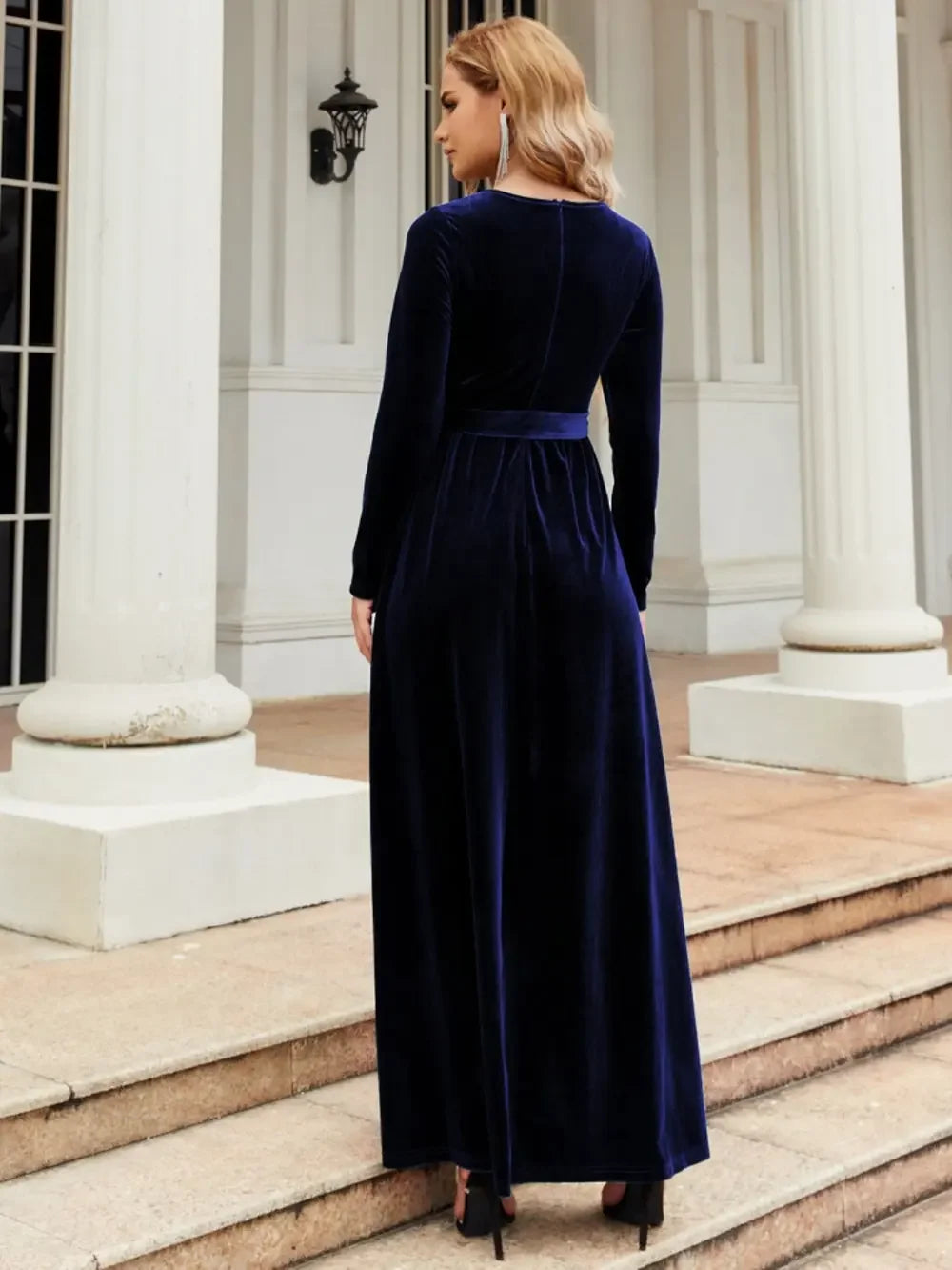 Tie Front Round Neck Long Sleeve Maxi Dress - Southern Shores Clothing