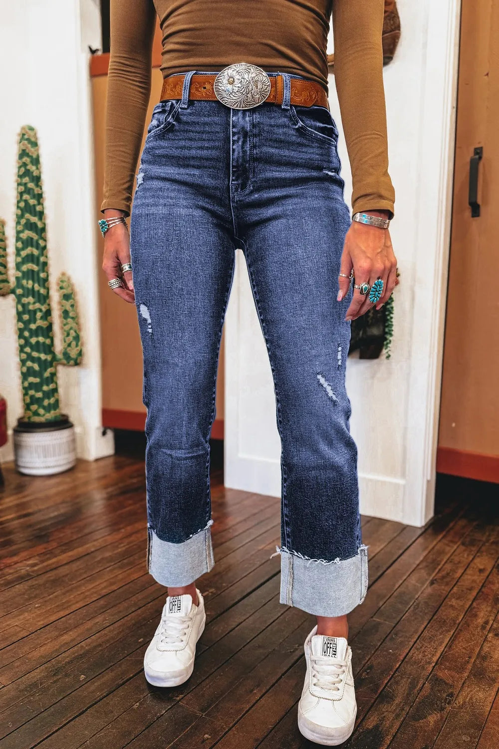 Coastal Folded Cuffs Distressed Straight High Waist Jeans