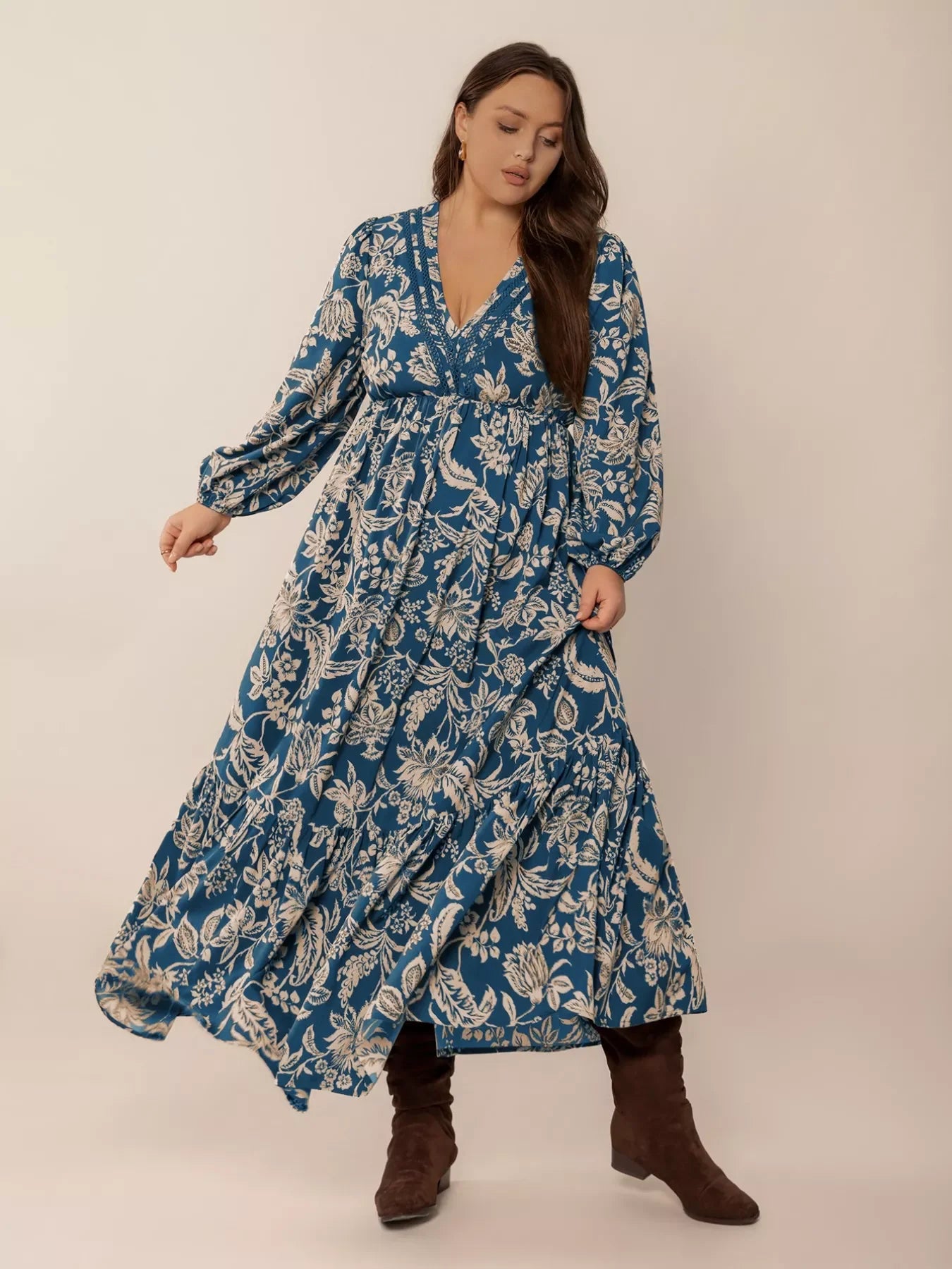 Plus Size Boho Floral Print Long Sleeve Maxi Dress - Southern Shores Clothing