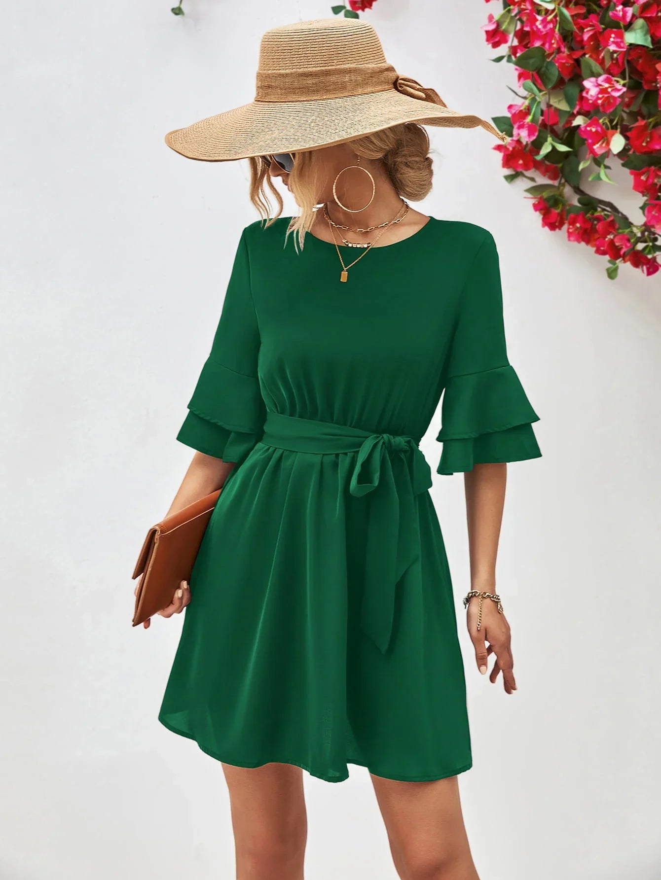 Round Neck Tie Belt Flounce Sleeve Dress - Southern Shores Clothing