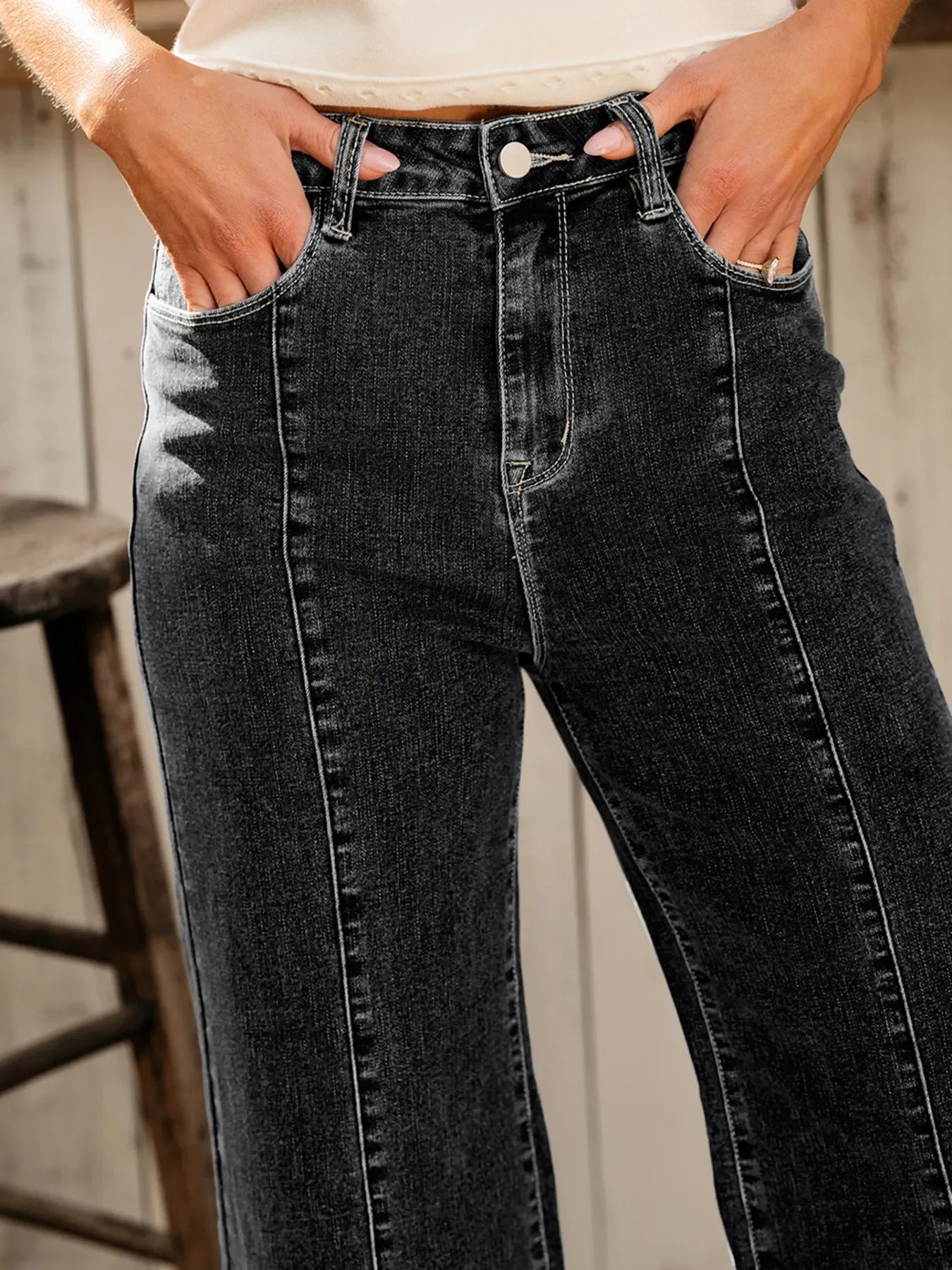 Coastal Seam Detail Flared Bottom Ankle Length Denim Jeans - Southern Shores Clothing