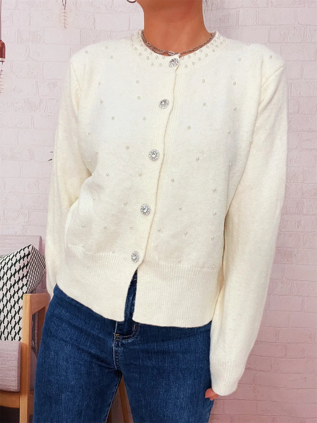 Pearl Detail Button Front Cardigan Stretch Knit - Southern Shores Clothing