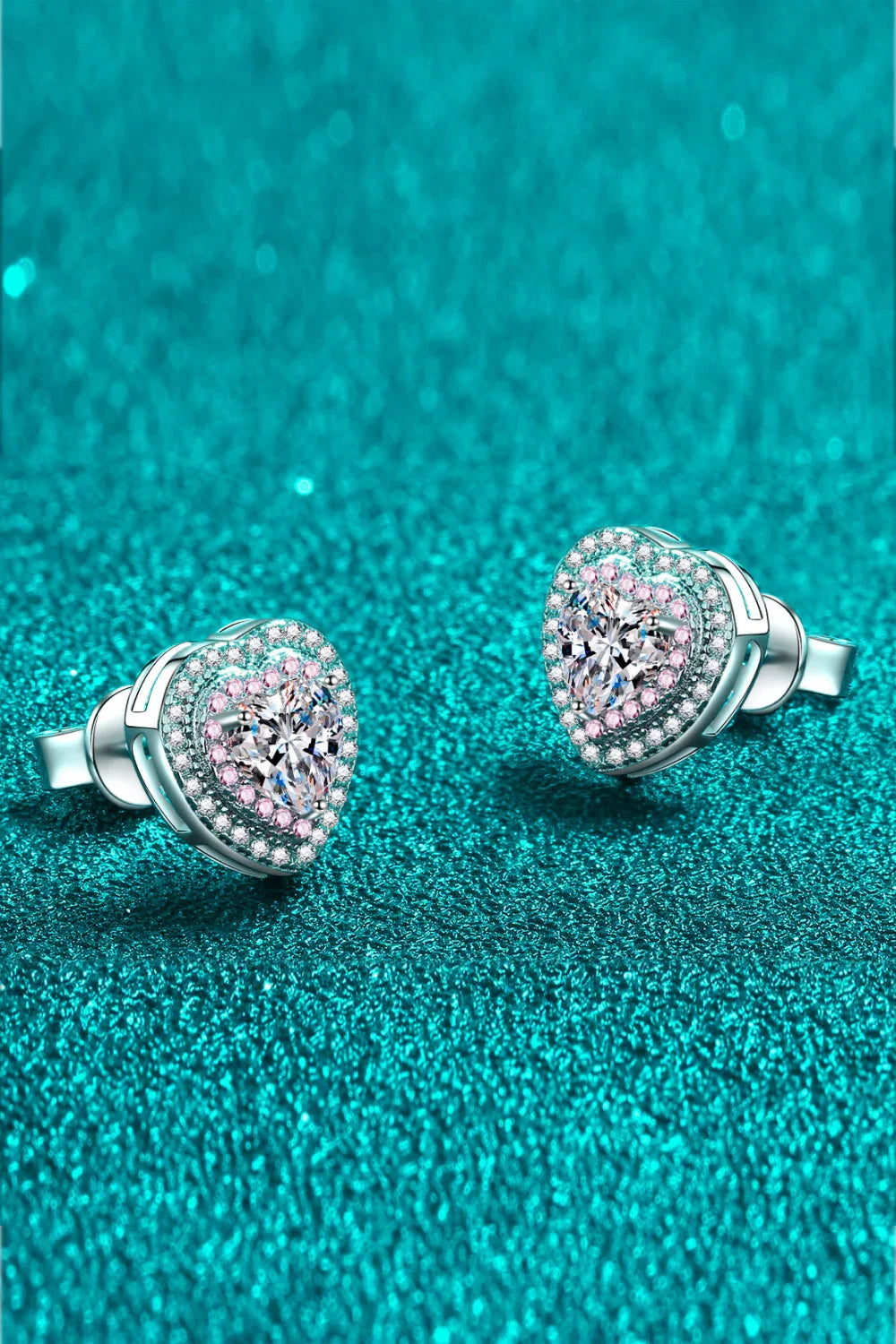 Moissanite Heart-Shaped Stud Earrings With Pink Zircon Halo - Southern Shores Clothing