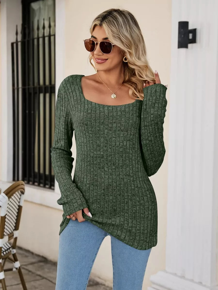 Ribbed Square Neck Long Sleeve Stretch T Shirt - Southern Shores Clothing
