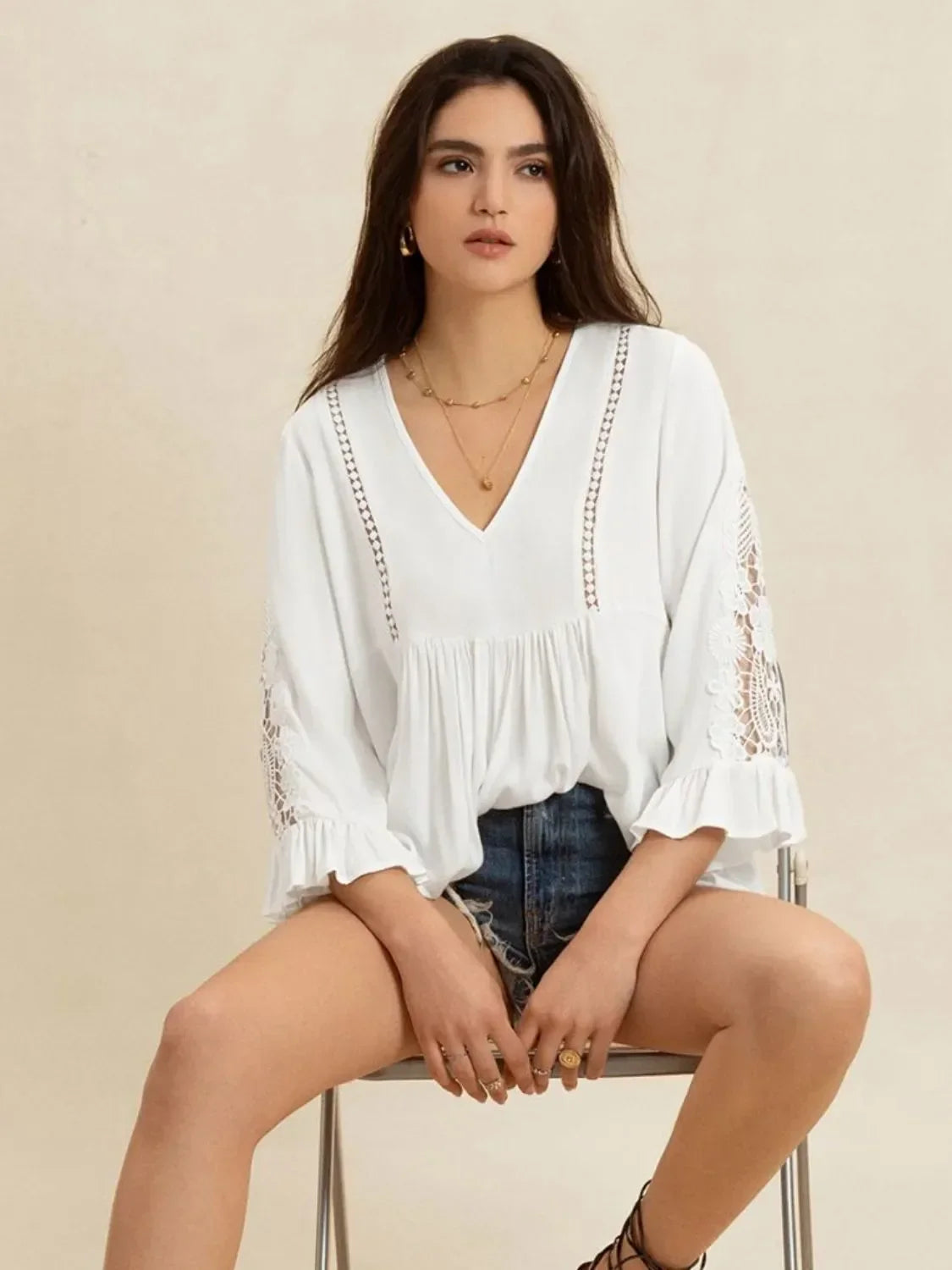 V-Neck Lace Flounce Sleeve Top With Cutout Details And Lace Trim - Southern Shores Clothing