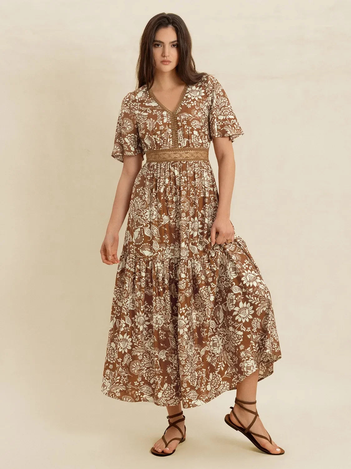 Lace Detail Floral Print Short Sleeve Midi Dress V Neck - Southern Shores Clothing
