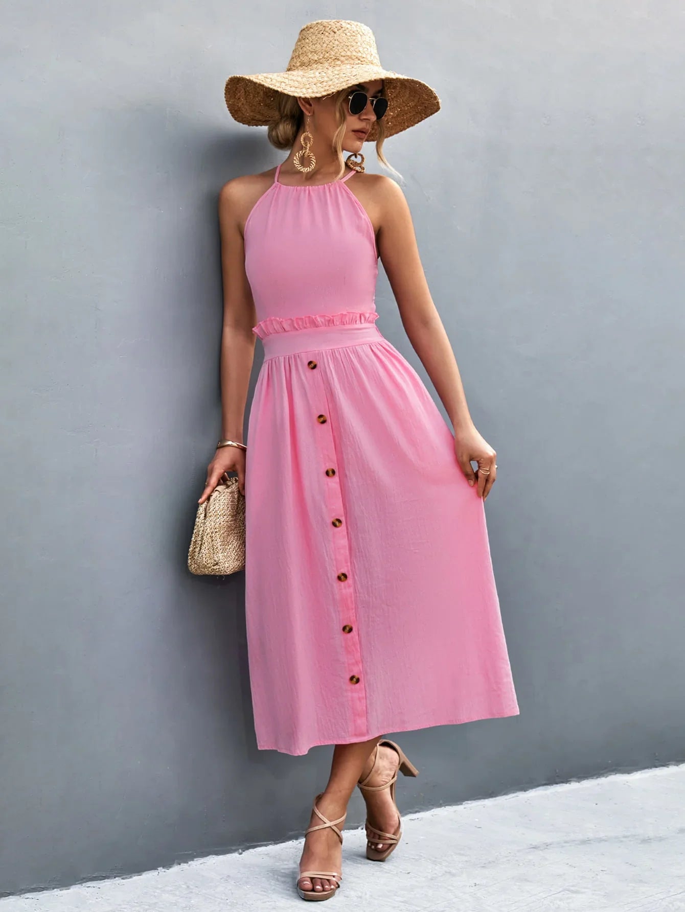 Buttoned Halter Neck Frill Trim Midi Dress - Southern Shores Clothing