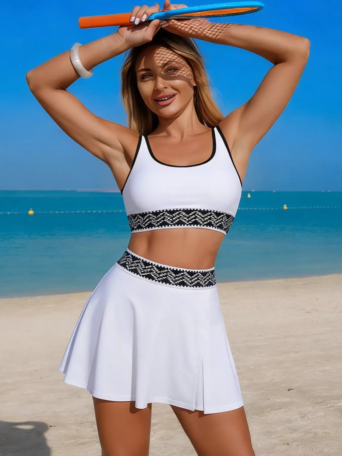 Two Piece Contrast Trim Tank And Skort Swim Set With Pads - Southern Shores Clothing