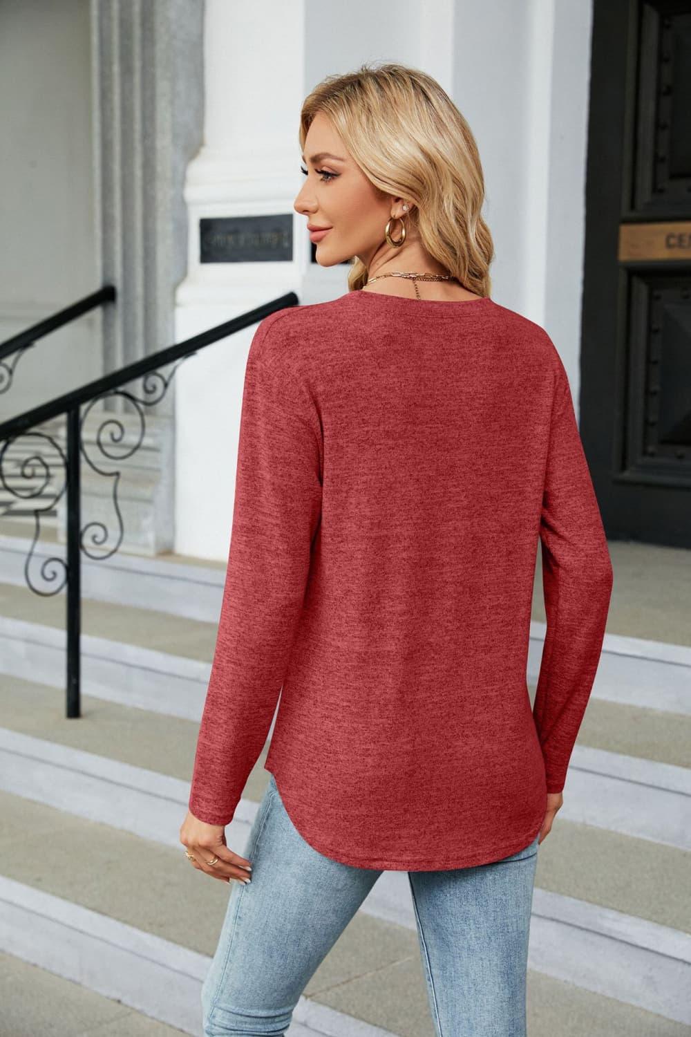 Round Neck Long Sleeve T Shirt With Button Detail - Southern Shores Clothing