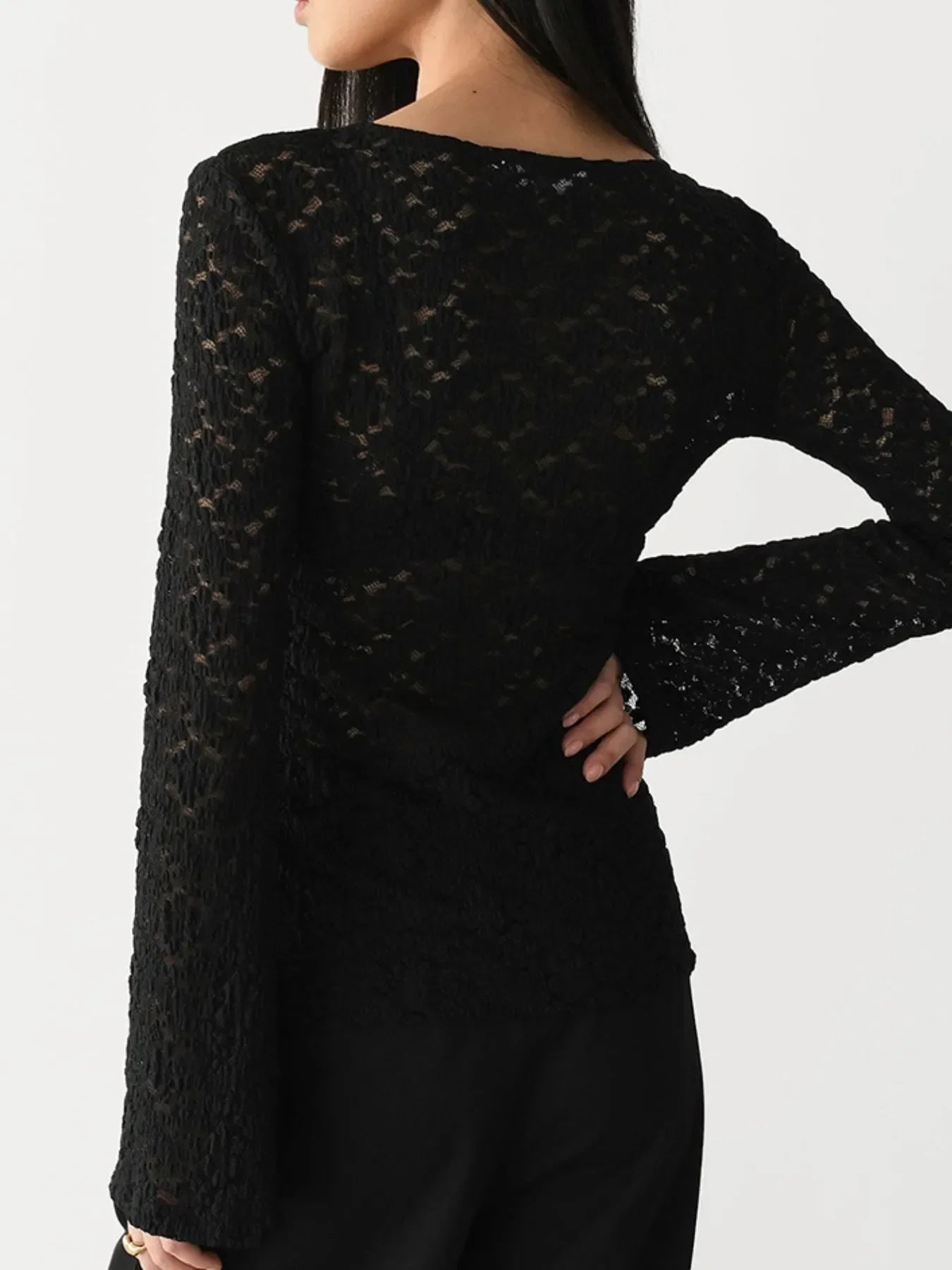 Lace V-Neck Flare Sleeve Buttoned Slit T Shirt - Southern Shores Clothing