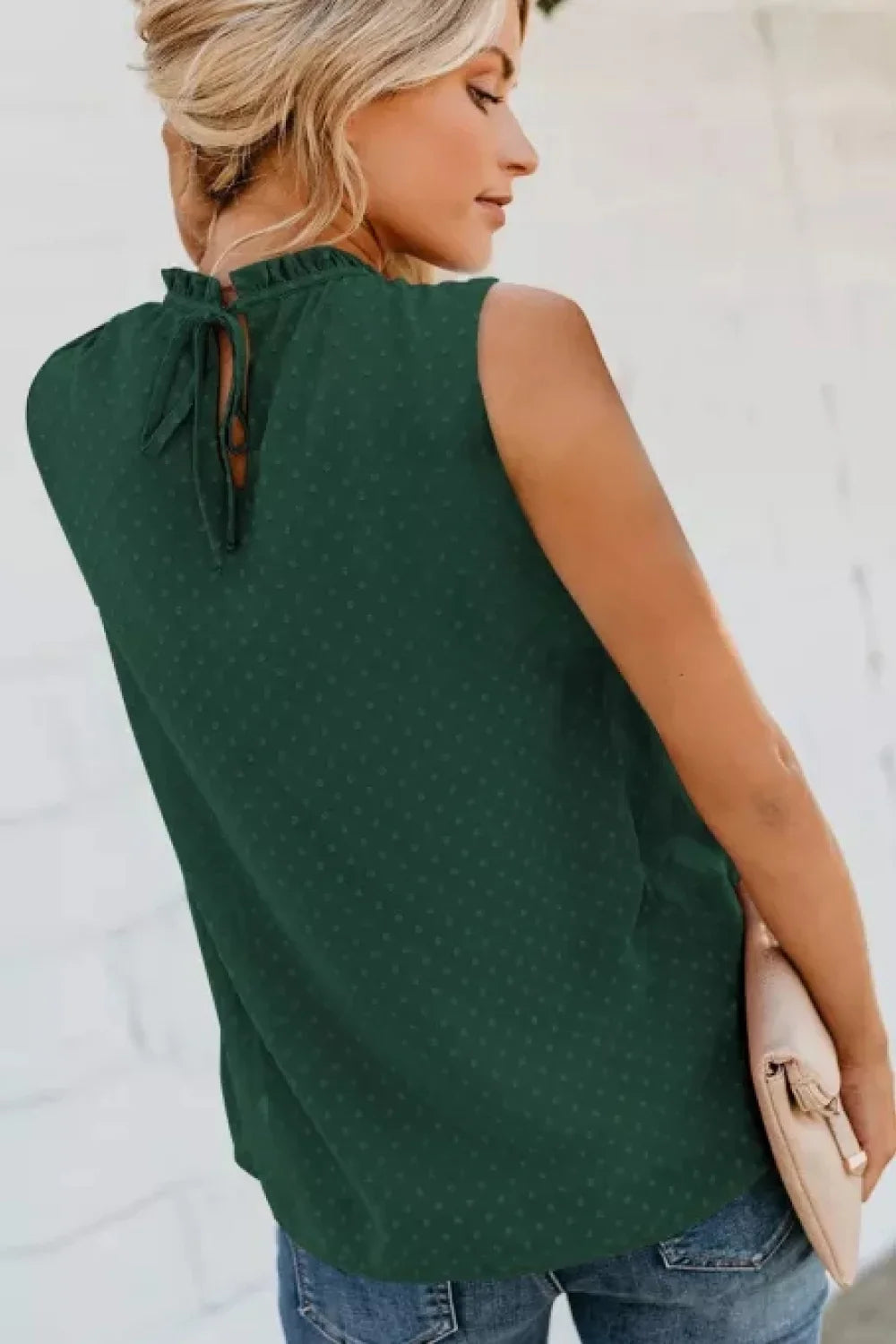 Smocked Tie Back Frill Trim Tank Top With Swiss Dot - Southern Shores Clothing