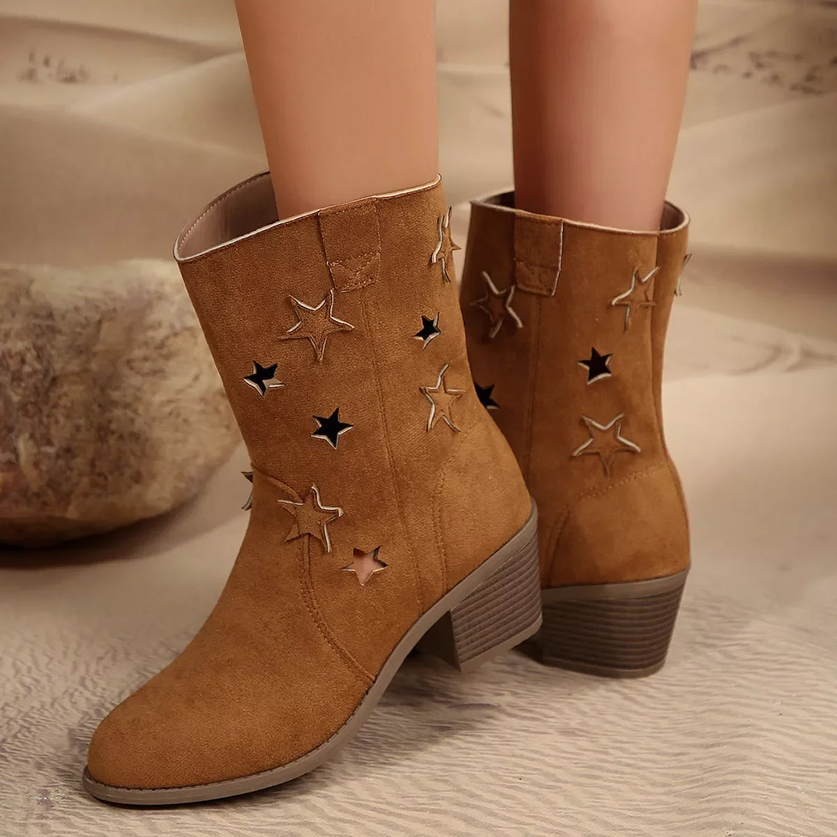 Star Cutout Block Heel Boots Suede Rubber - Southern Shores Clothing