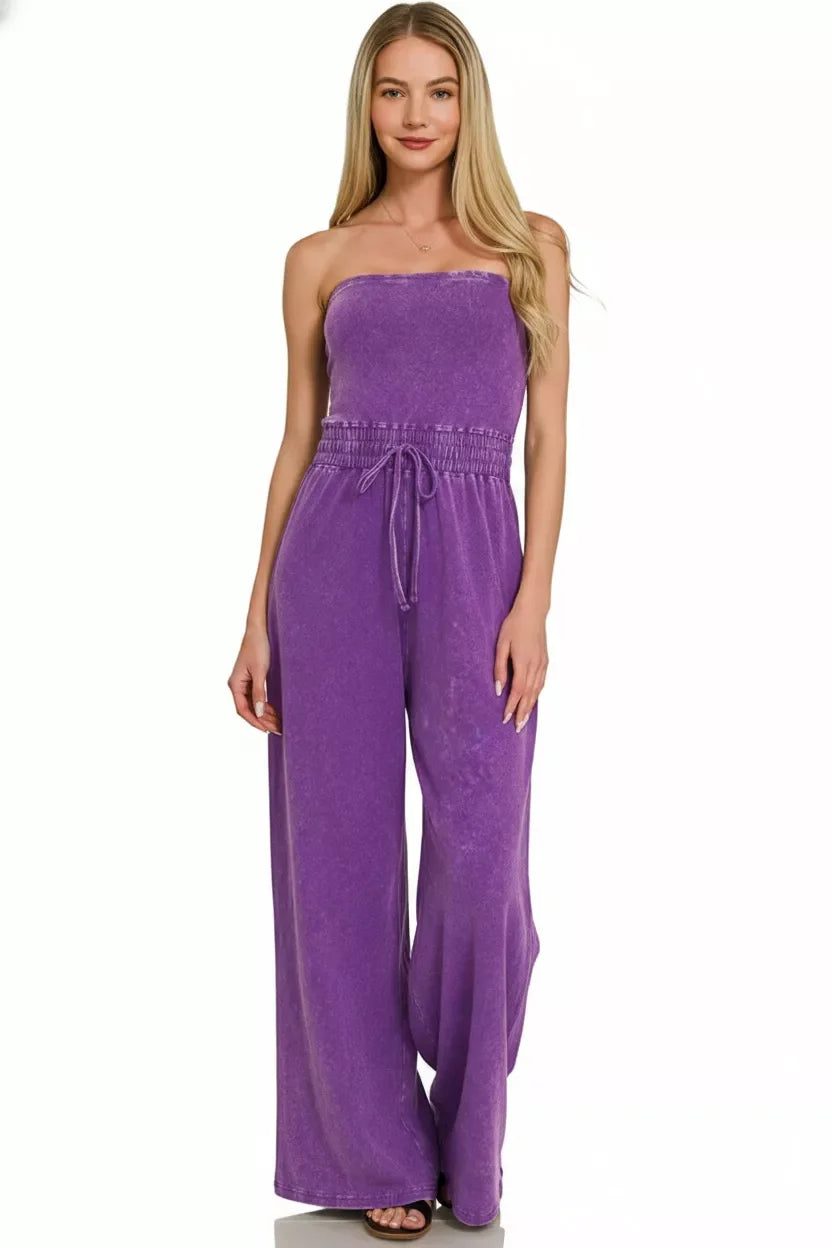 Acid Washed Strapless Tube Top Jumpsuit Silhouette - Southern Shores Clothing