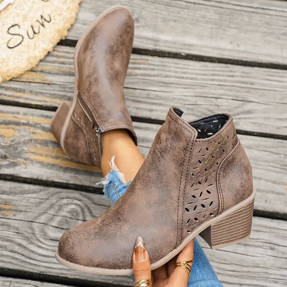 Round Toe Block Heel Ankle Boots Mid Heel - Southern Shores Clothing