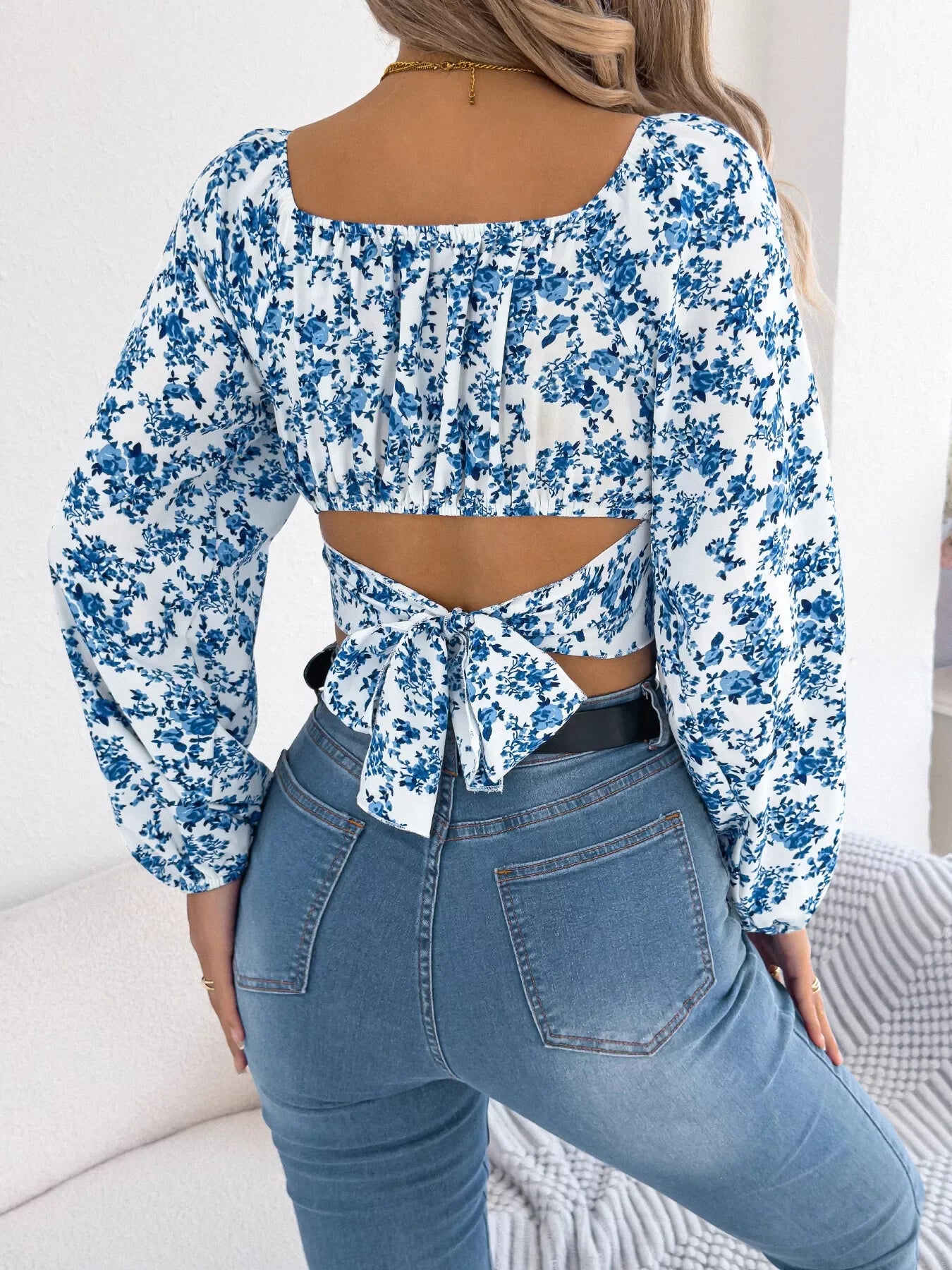 Floral Balloon Sleeve Square Neck Crop Blouse - Southern Shores Clothing