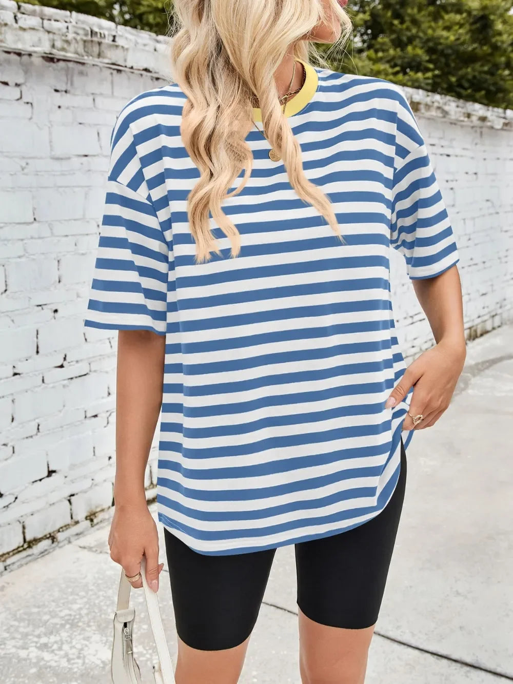 Striped Round Neck Half Sleeve Stretchy T Shirt - Southern Shores Clothing