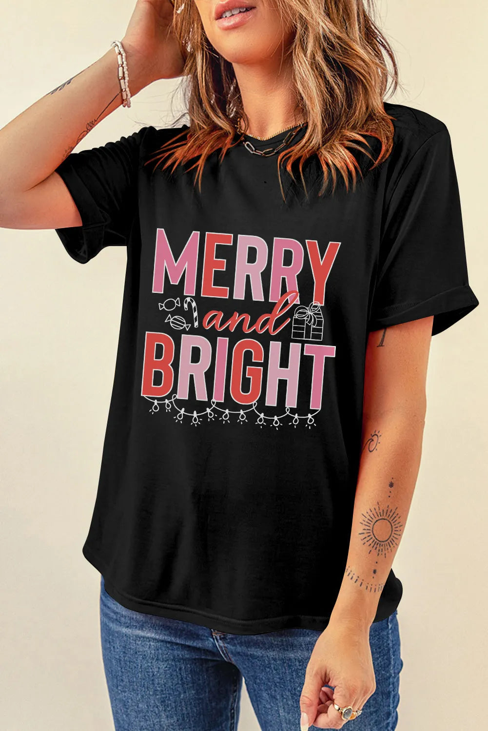Merry and Bright Graphic Round Neck Short Sleeve Women's T-Shirt
