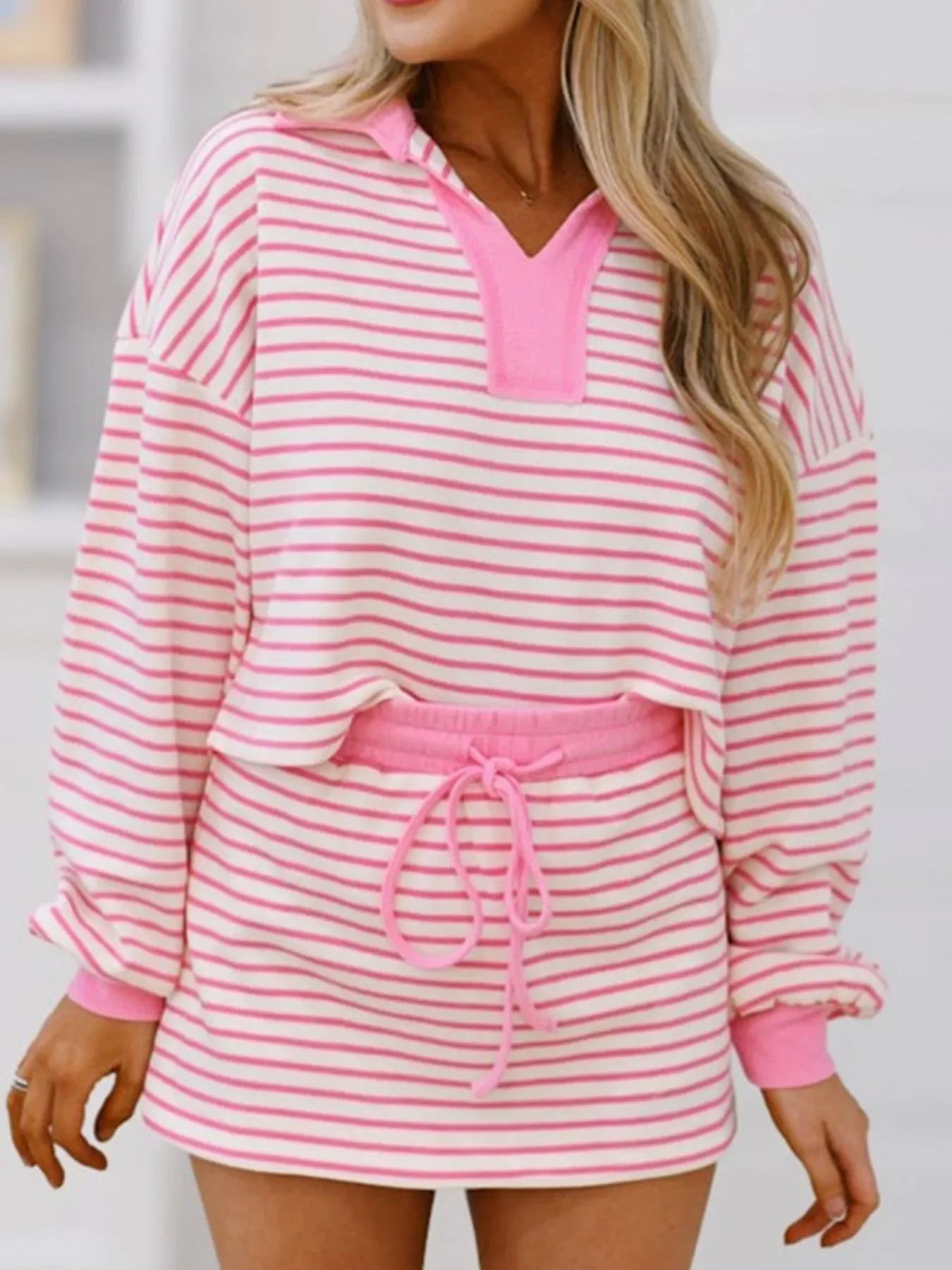Striped Top and Skirt Set with Drawstring - Southern Shores Clothing