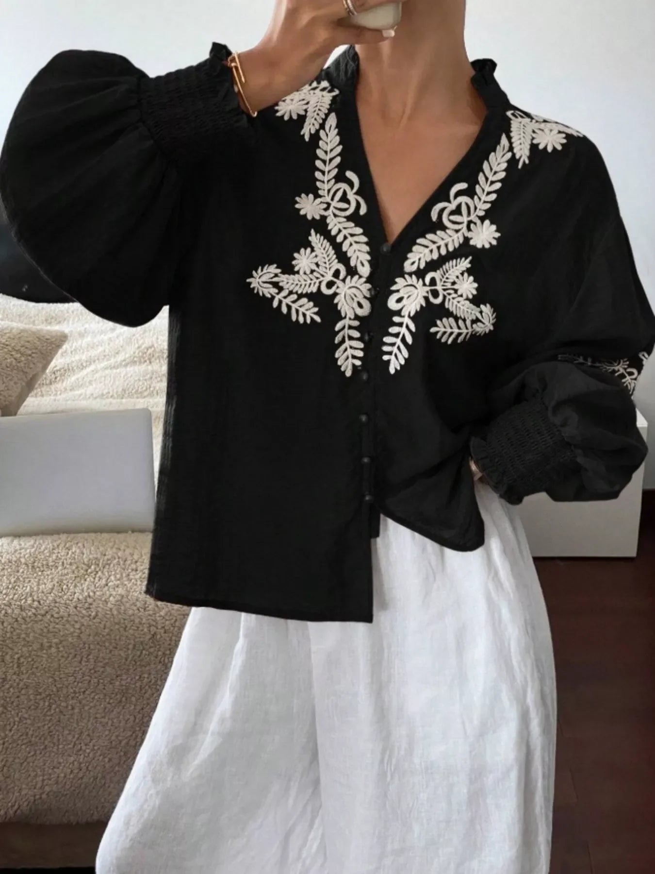 Southern Shores Elegant Embroidered Long Sleeve Buttoned Polyester Blouse With Je T'aime Design - Southern Shores Clothing
