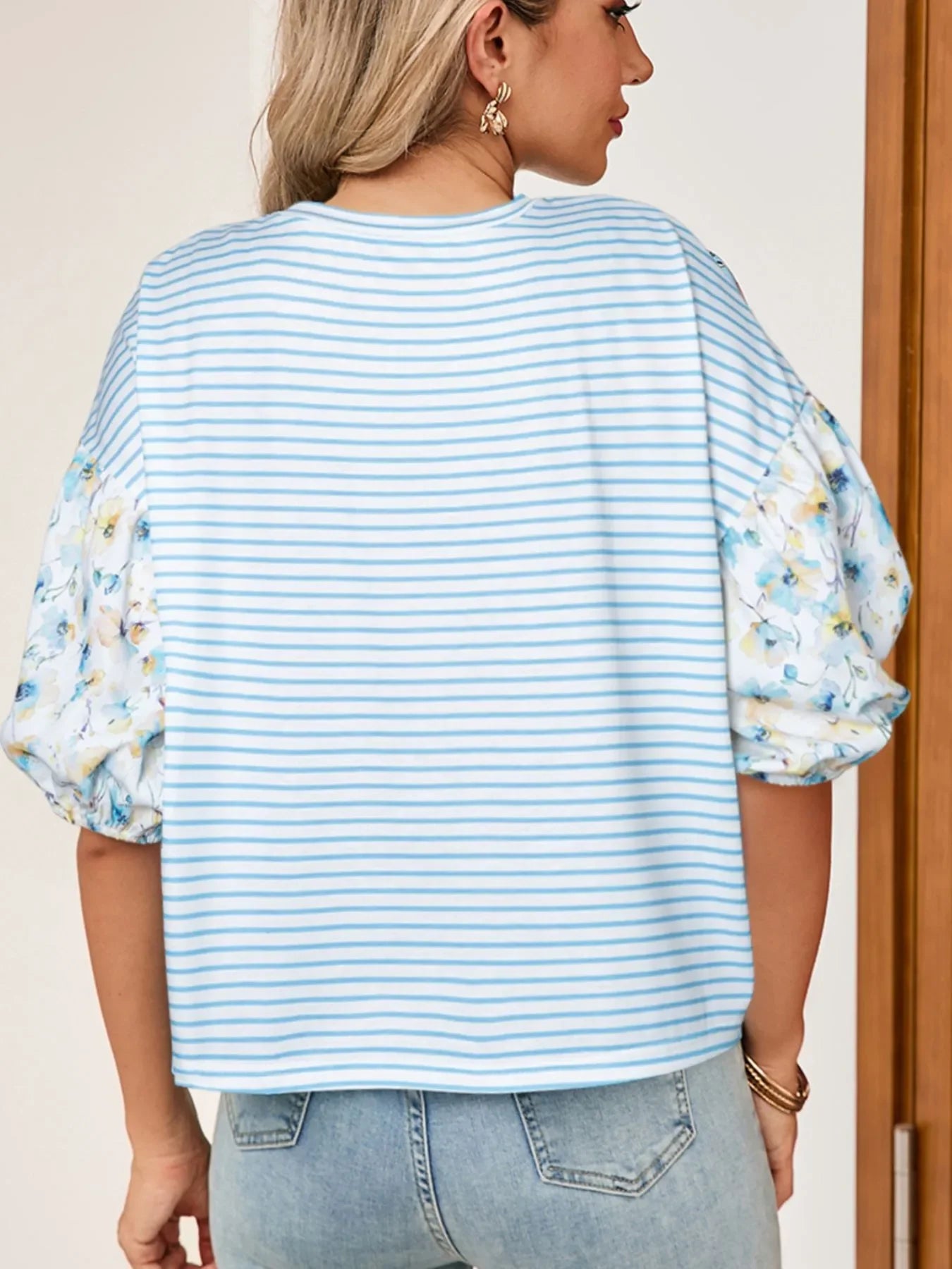 Striped Floral Sleeve Stretch Polyester Blouse Casual Wear - Southern Shores Clothing