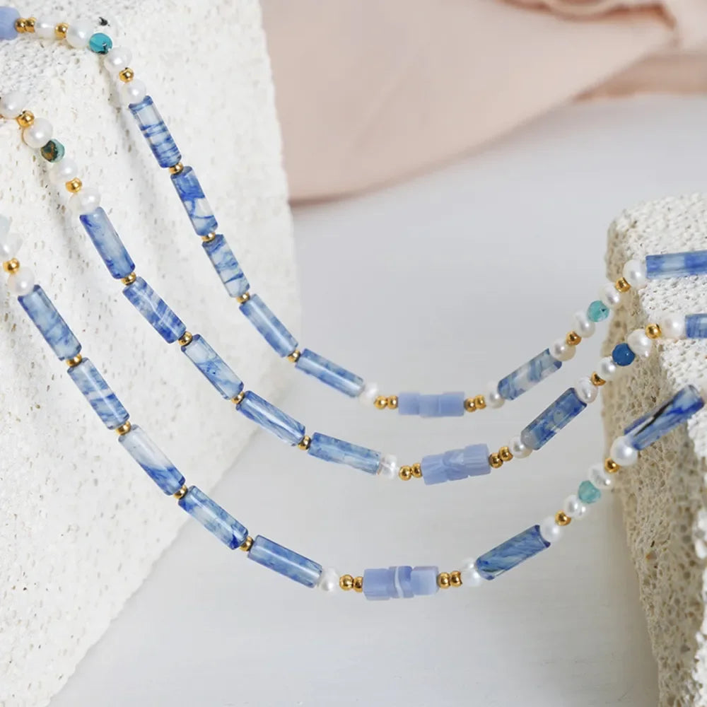 Geometric Pearl Necklace Titanium Steel Blue Chalcedony - Southern Shores Clothing