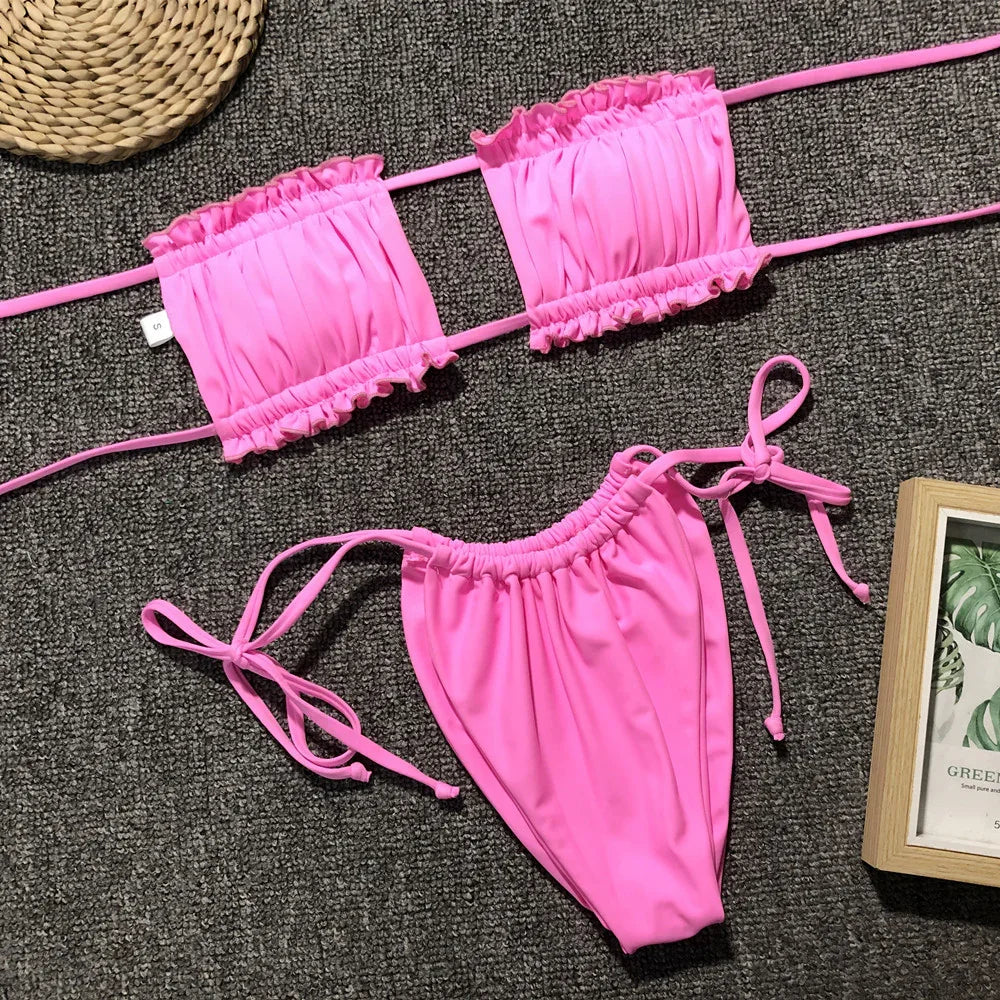 Frill Trim Ruched Bikini Set With Removable Padding - Southern Shores Clothing