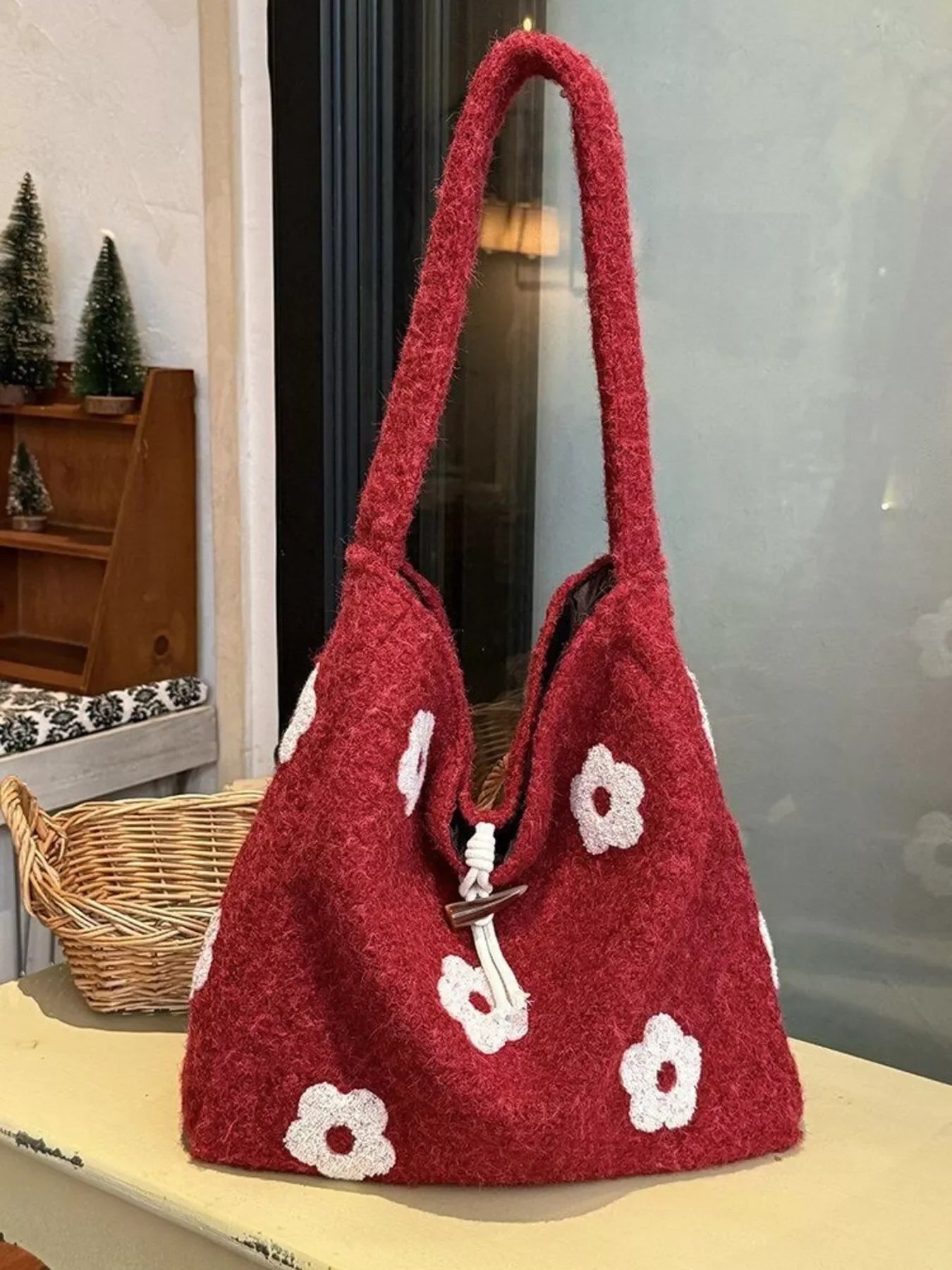 Floral Fuzzy Knit Tote Bag With Plush Finish - Southern Shores Clothing