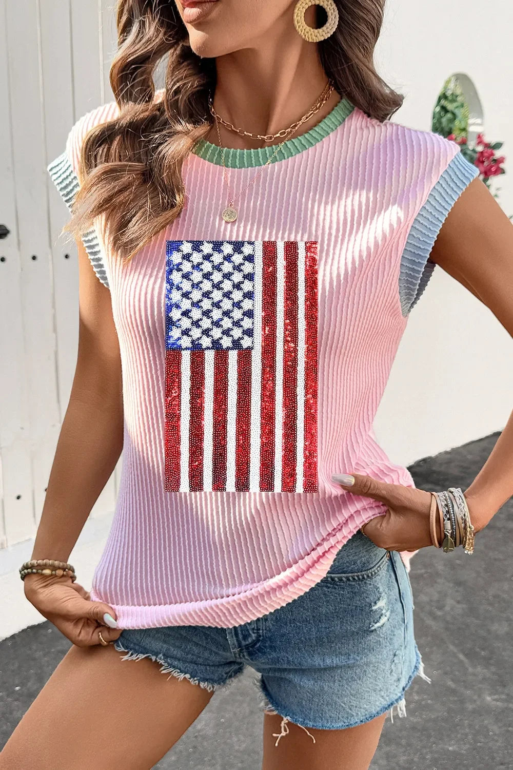 Colorblock Sequin American Flag T Shirt With Rib Texture - Southern Shores Clothing