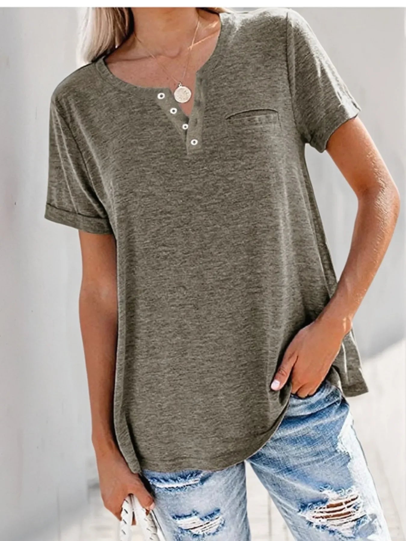 Plus Size Notched Short Sleeve T Shirt With Button Detail - Southern Shores Clothing