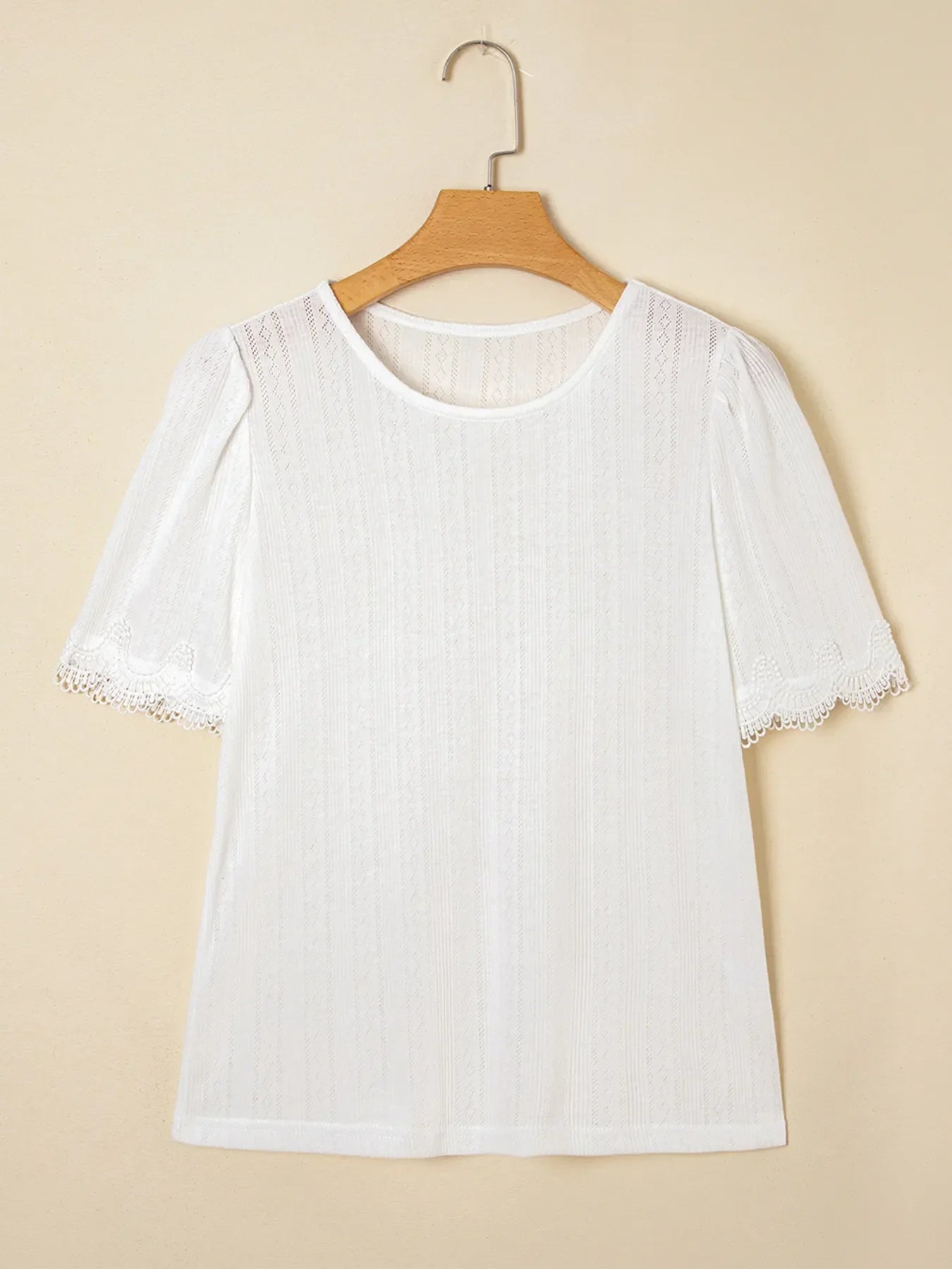 Scalloped Lace Trim Jacquard Textured T Shirt Stretch - Southern Shores Clothing