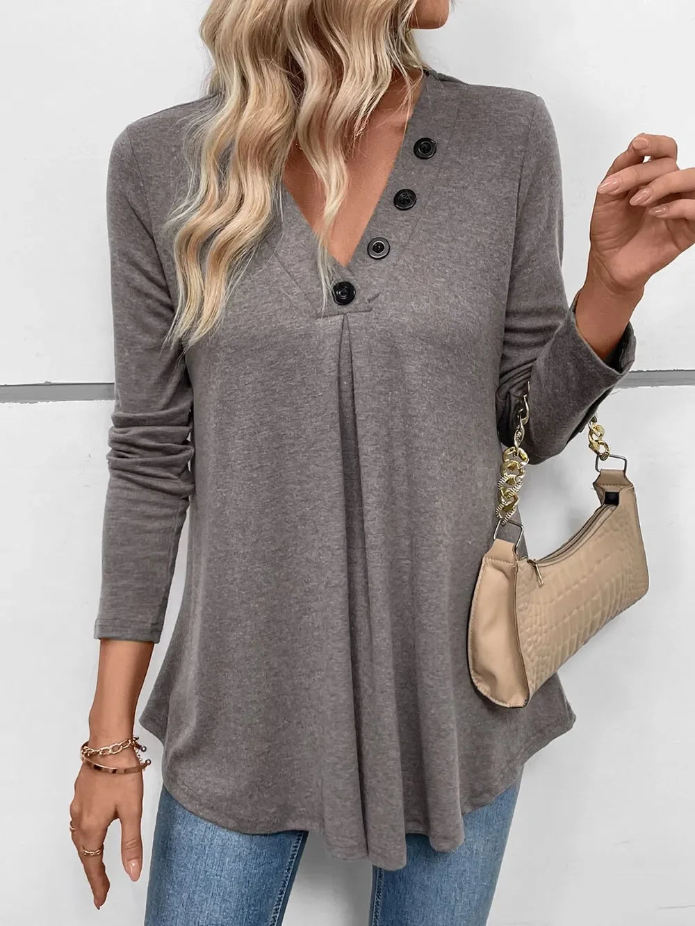V-Neck Long Sleeve T Shirt With Decorative Button - Southern Shores Clothing