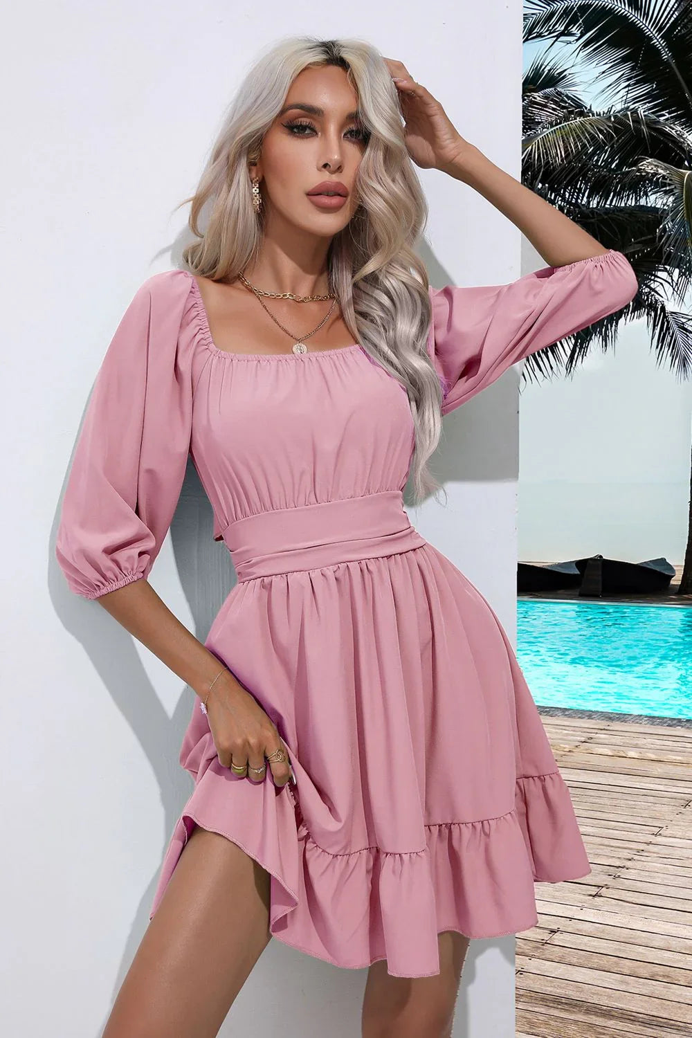 Square Neck Tie Back Ruffle Hem Dress Coastal Casual - Southern Shores Clothing