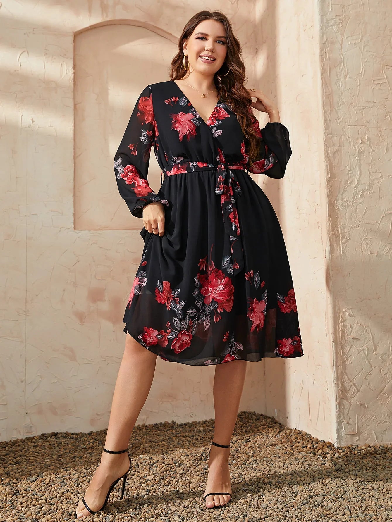 Plus Size Floral Surplice Neck Tie Waist Dress - Southern Shores Clothing