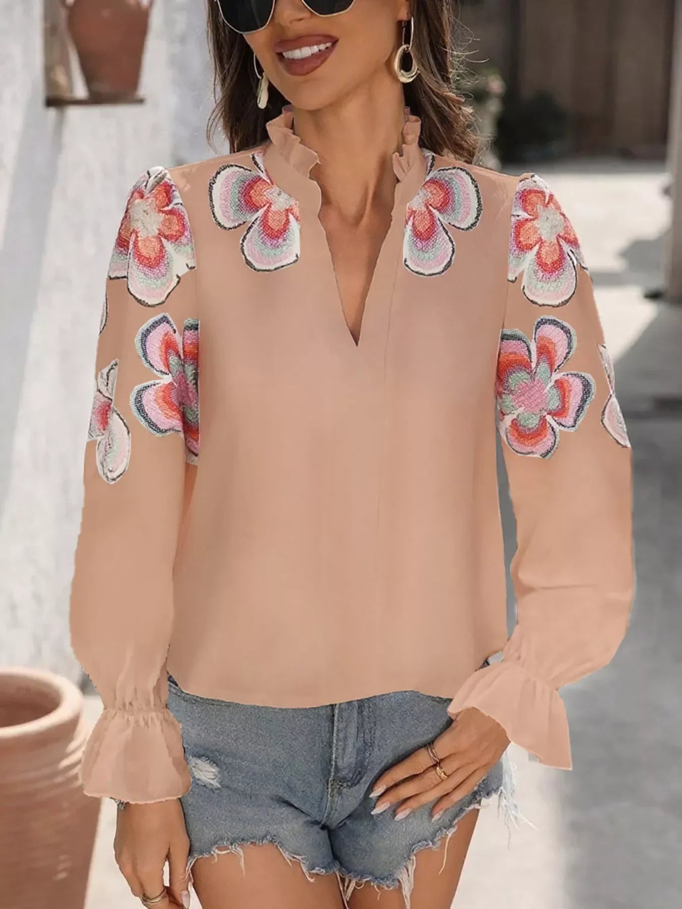 Floral Embroidered Notched Long Sleeve Blouse - Southern Shores Clothing