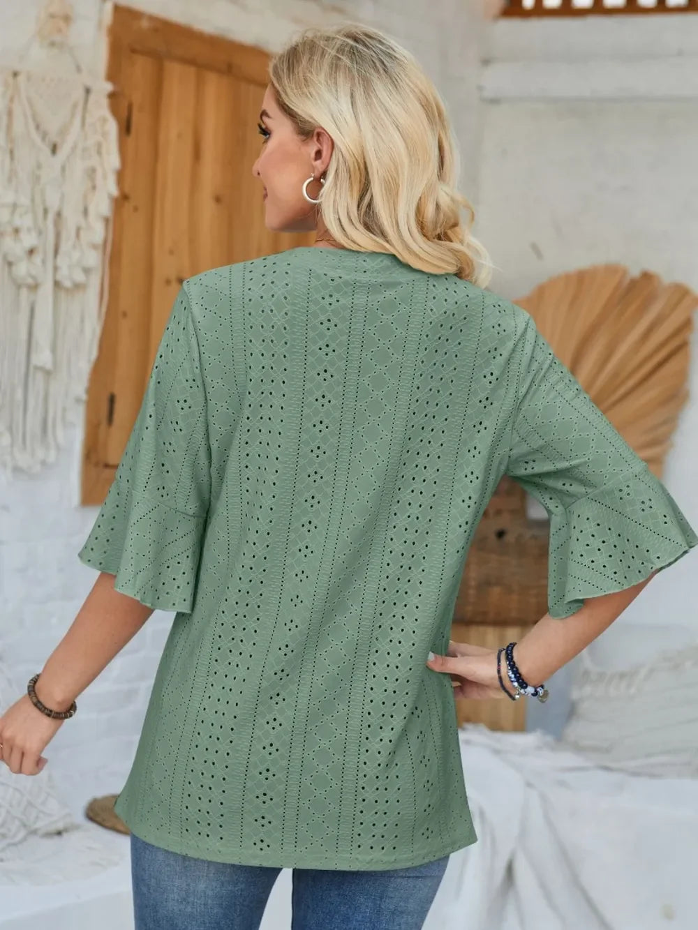 Eyelet Notched Half Sleeve T Shirt With Opaque Design - Southern Shores Clothing