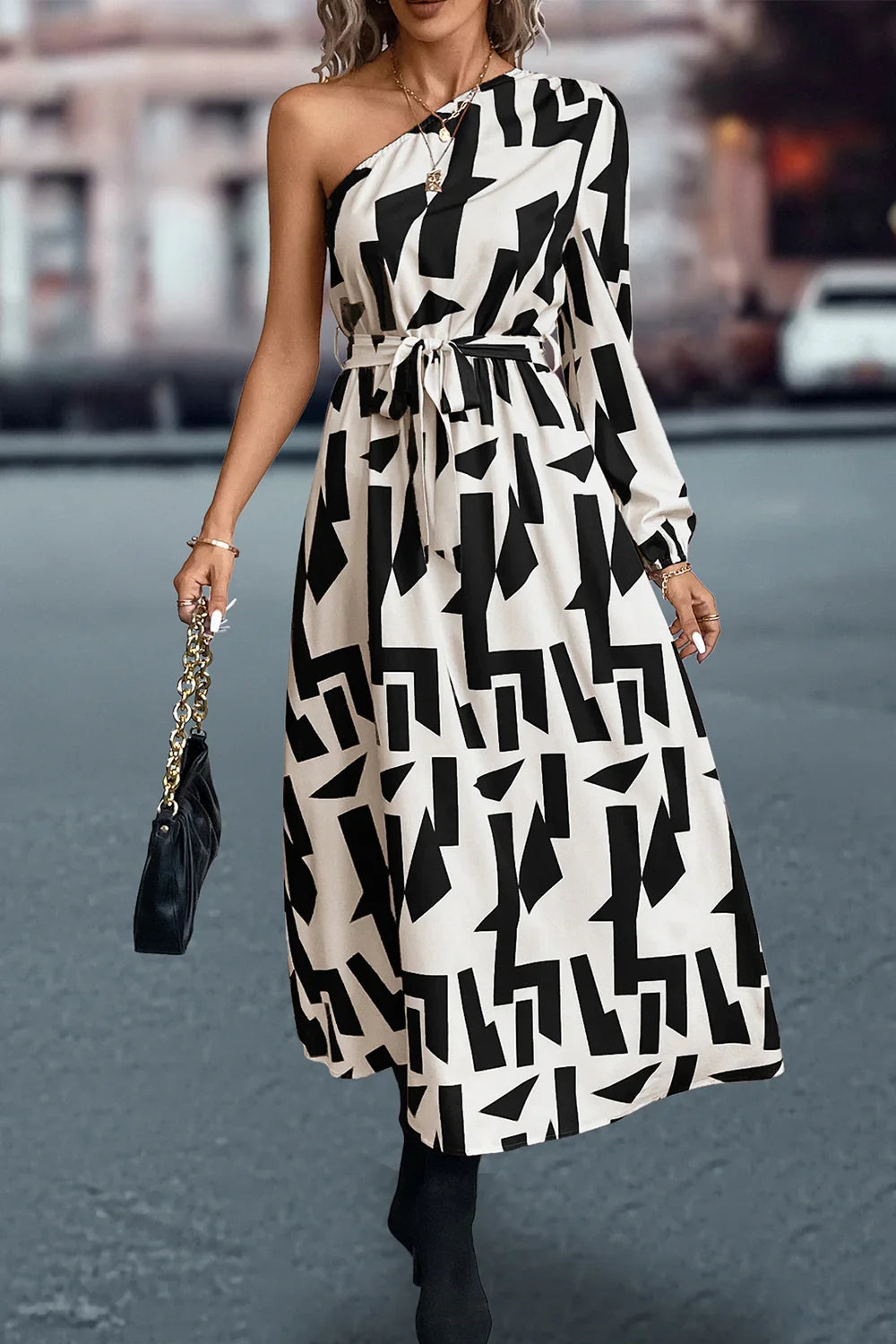 Printed One-Shoulder Tie Waist Dress - Southern Shores Clothing