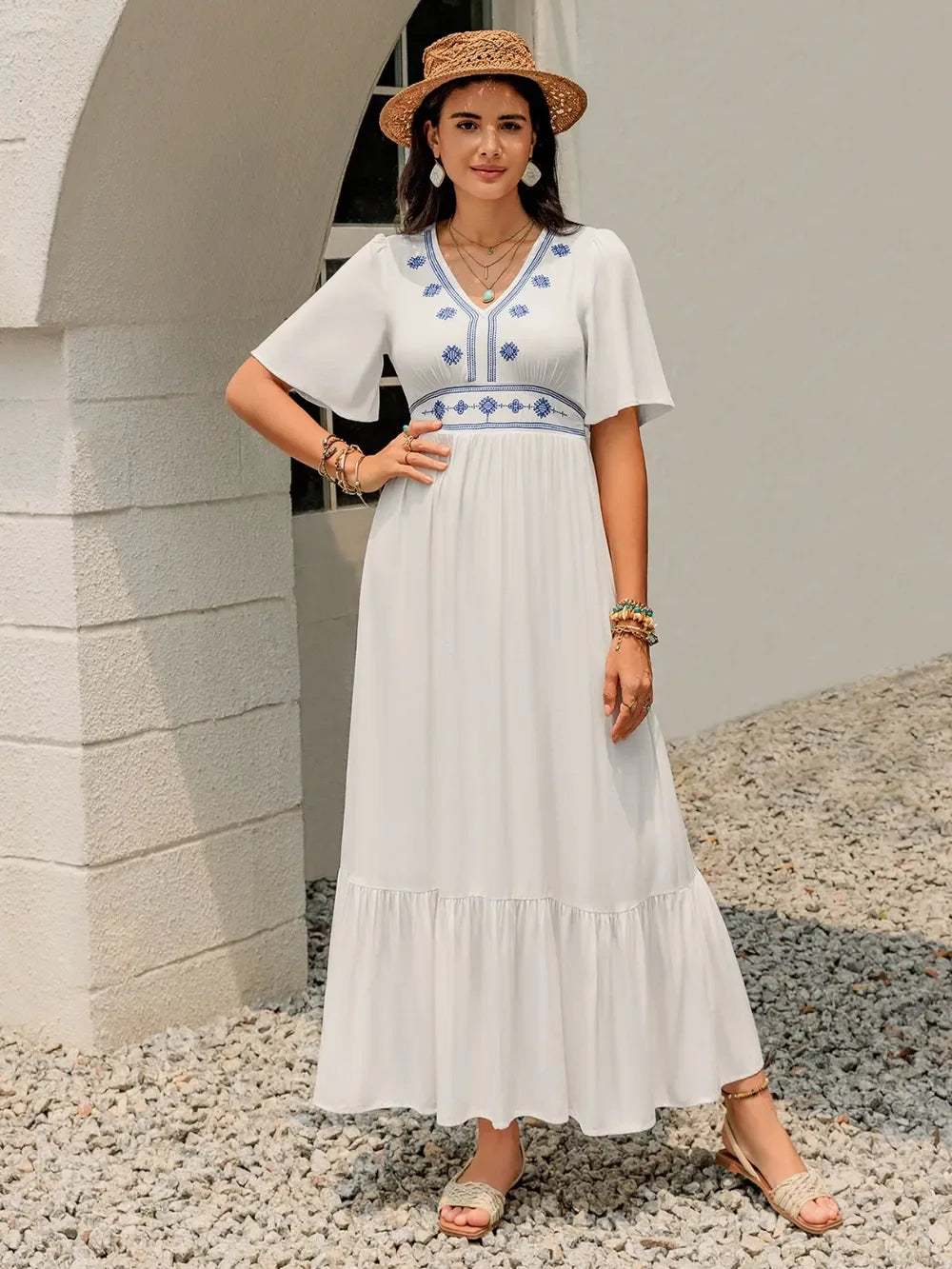 Ruffled Hem V Neck Flutter Sleeve Dress With Embroidered Trim - Southern Shores Clothing