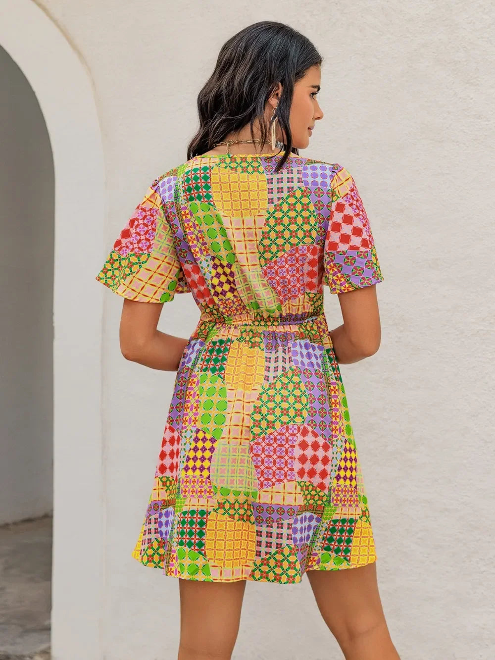 Crochet Trim Printed V-Neck Short Sleeve Ruched Mini Dress - Southern Shores Clothing