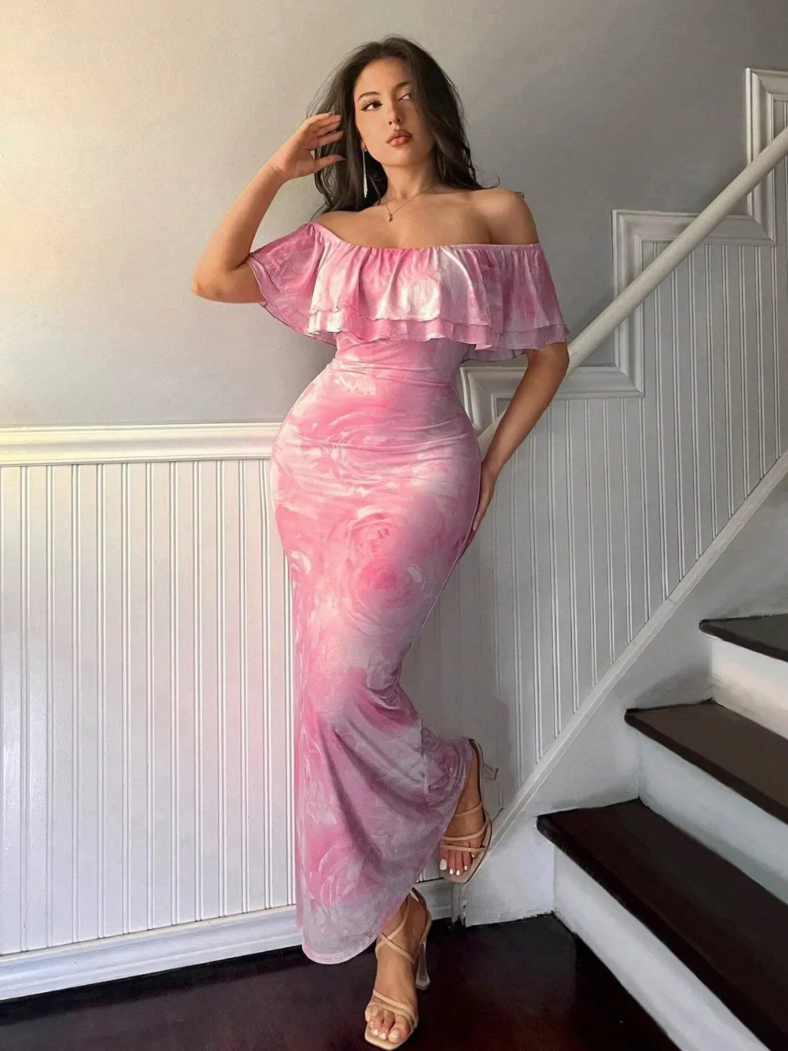 Layered Ruffled Off-Shoulder Dress With Stretch - Southern Shores Clothing