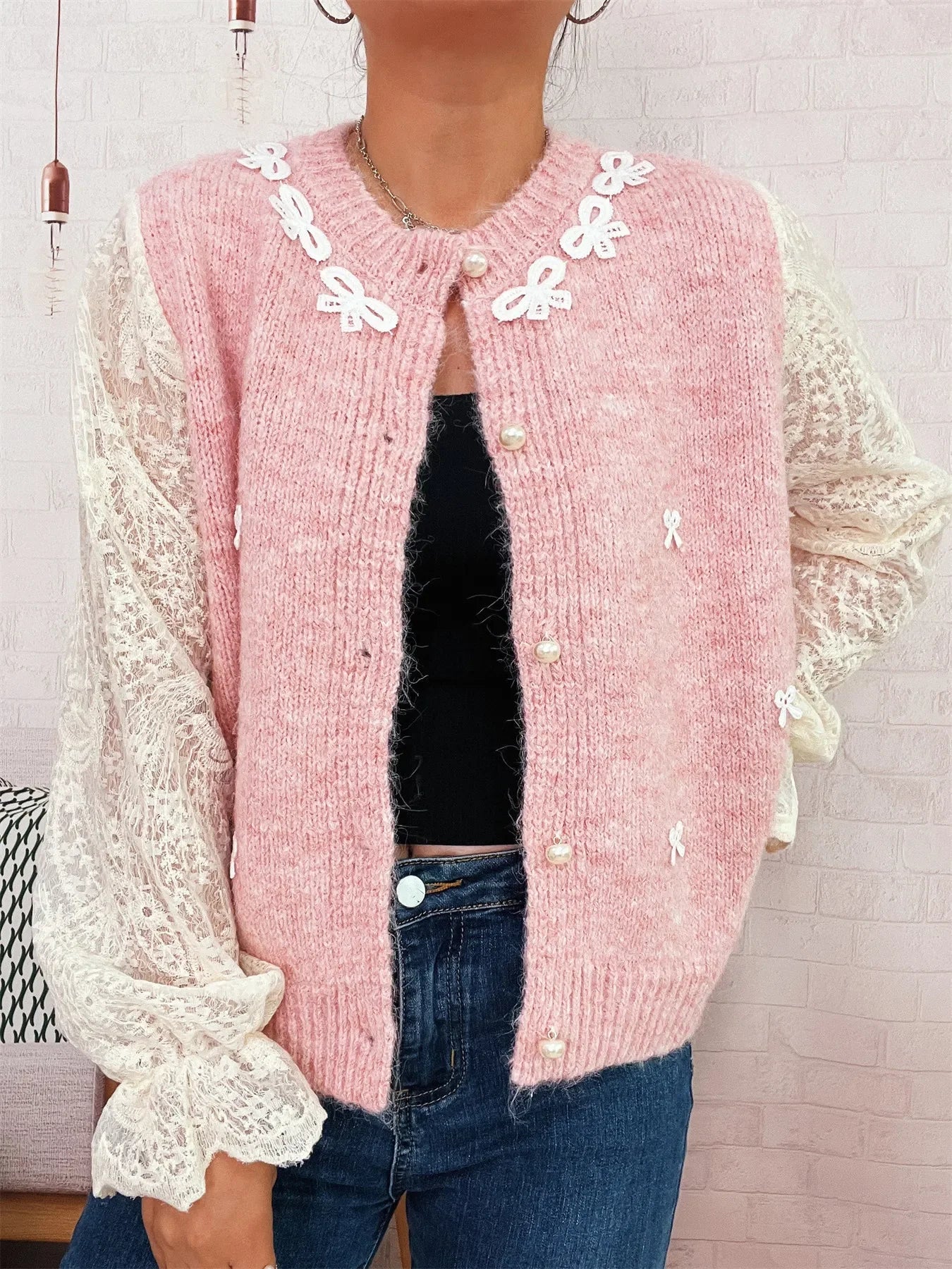 Lace Sleeve Button-Up Cardigan With Ruffled Detail - Southern Shores Clothing
