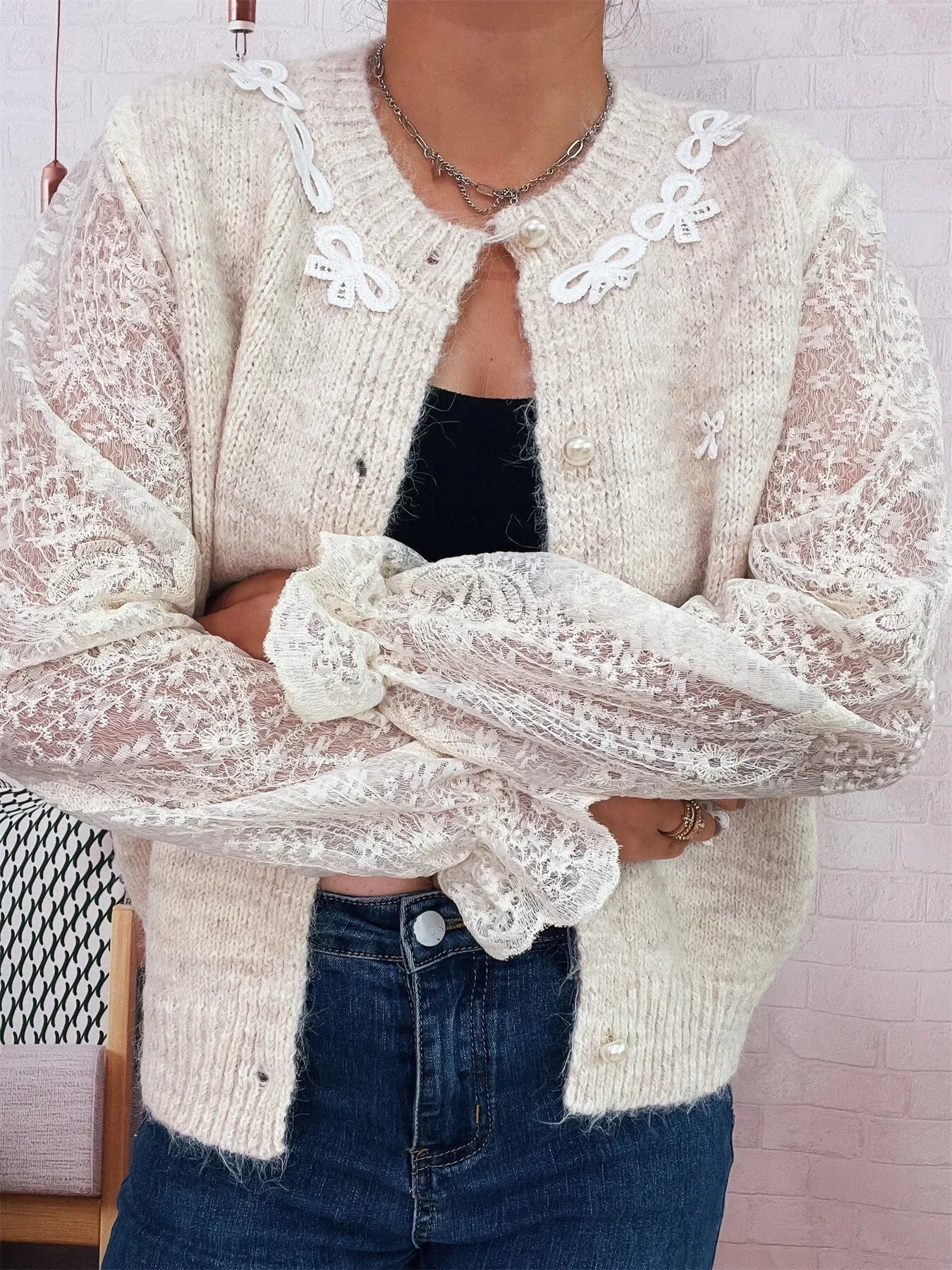 Lace Sleeve Button-Up Cardigan With Ruffled Detail - Southern Shores Clothing