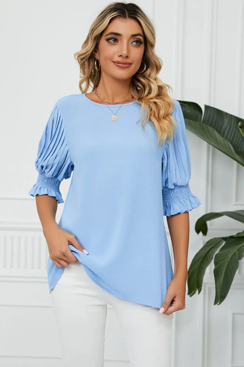 Pleated Flounce Sleeve Keyhole Blouse Polyester - Southern Shores Clothing