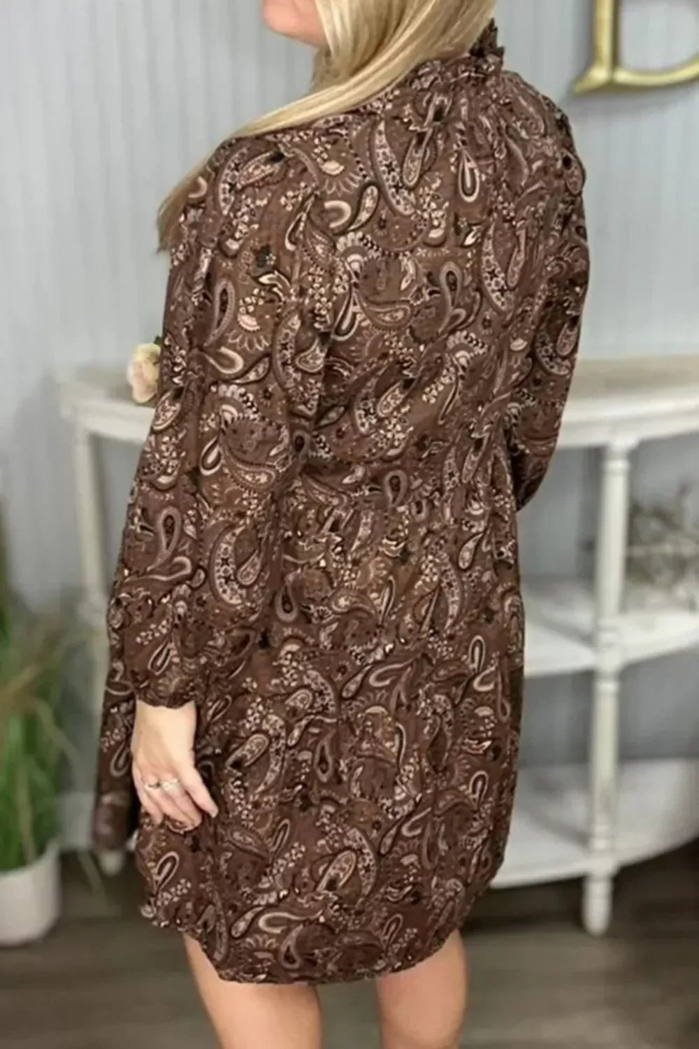 Casual Cotton Paisley Print Notched Mini Dress With Long Sleeves - Southern Shores Clothing