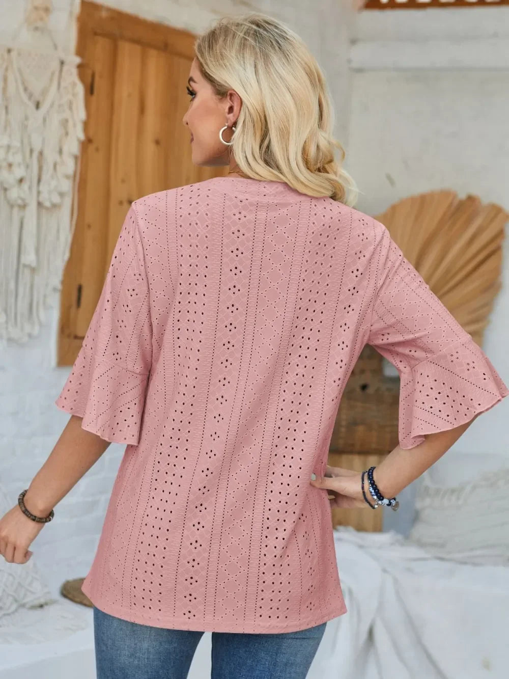 Eyelet Notched Half Sleeve T Shirt With Opaque Design - Southern Shores Clothing