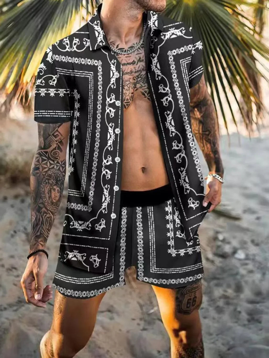 Men's Full Size Printed Collared Neck Short Sleeve Top and Shorts Set Plus Size - Southern Shores Clothing