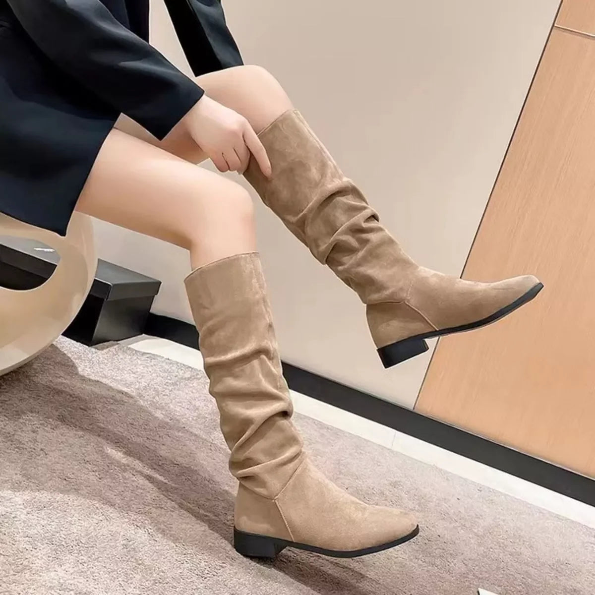 Round Toe Block Heel Boots Suede Rubber Sole